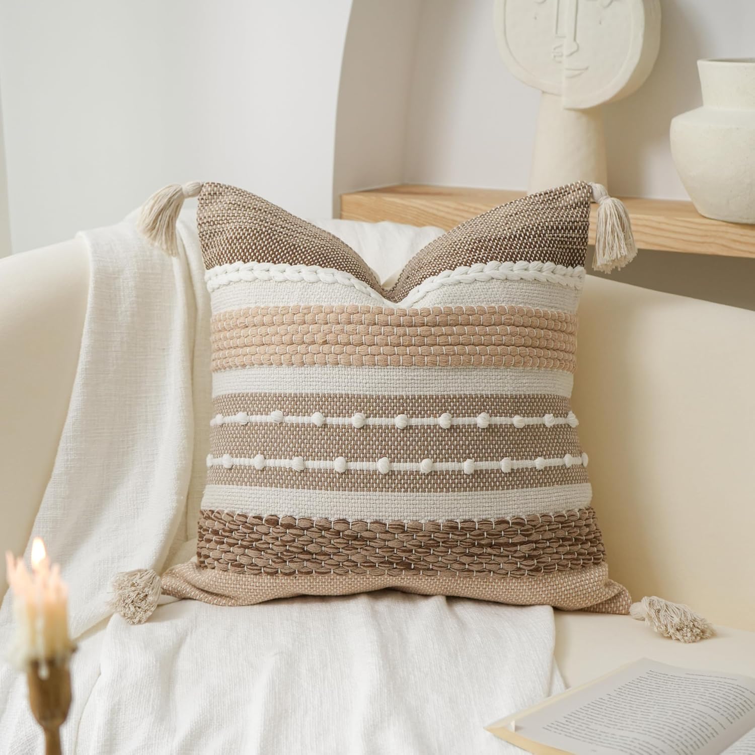 BlissBlush Brown Decorative Throw Pillow Cover 20x20 Square Boho Accent Pillowcase Tassels Farmhouse Cushion for Couch Sofa Bedroom…