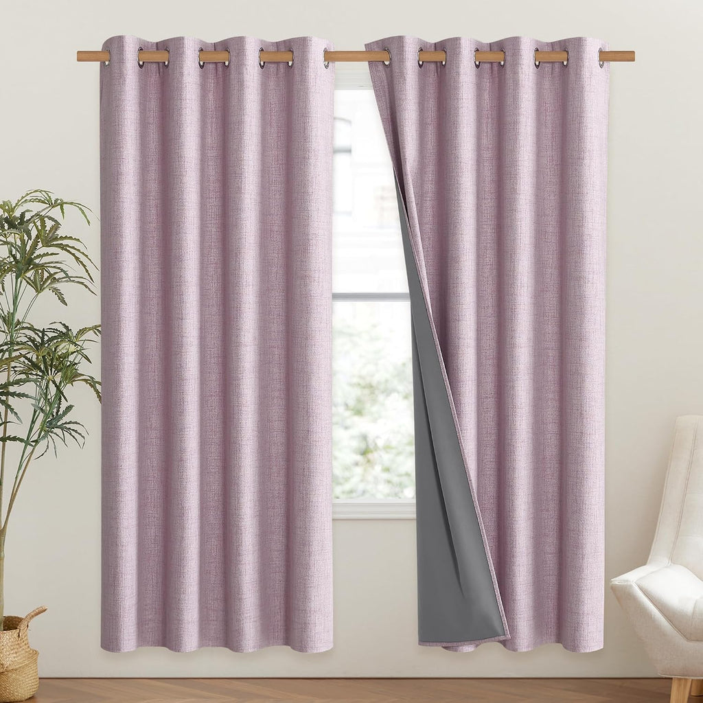 NICETOWN Pink Vintage Linen 100% Blackout Curtains for Living Room, Thermal Insulated Curtains 72" Long, Noise Reducing Window Treatment…