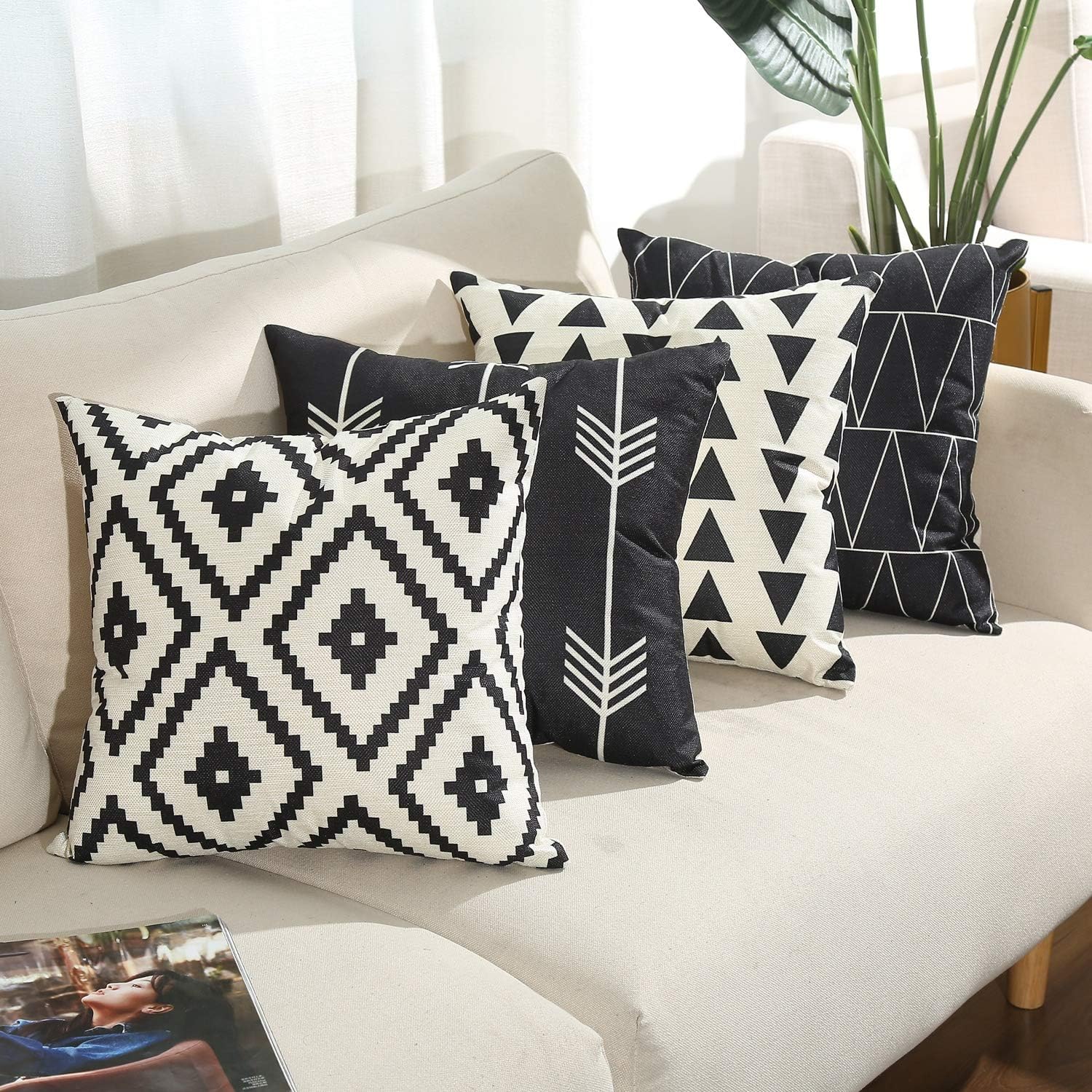 Tosewever Set of 4 Decorative Geometric 16 x 16 Inches Throw Pillow Covers - Modern Pattern Linen Square Pillow Cushion Case for Sofa Couch…