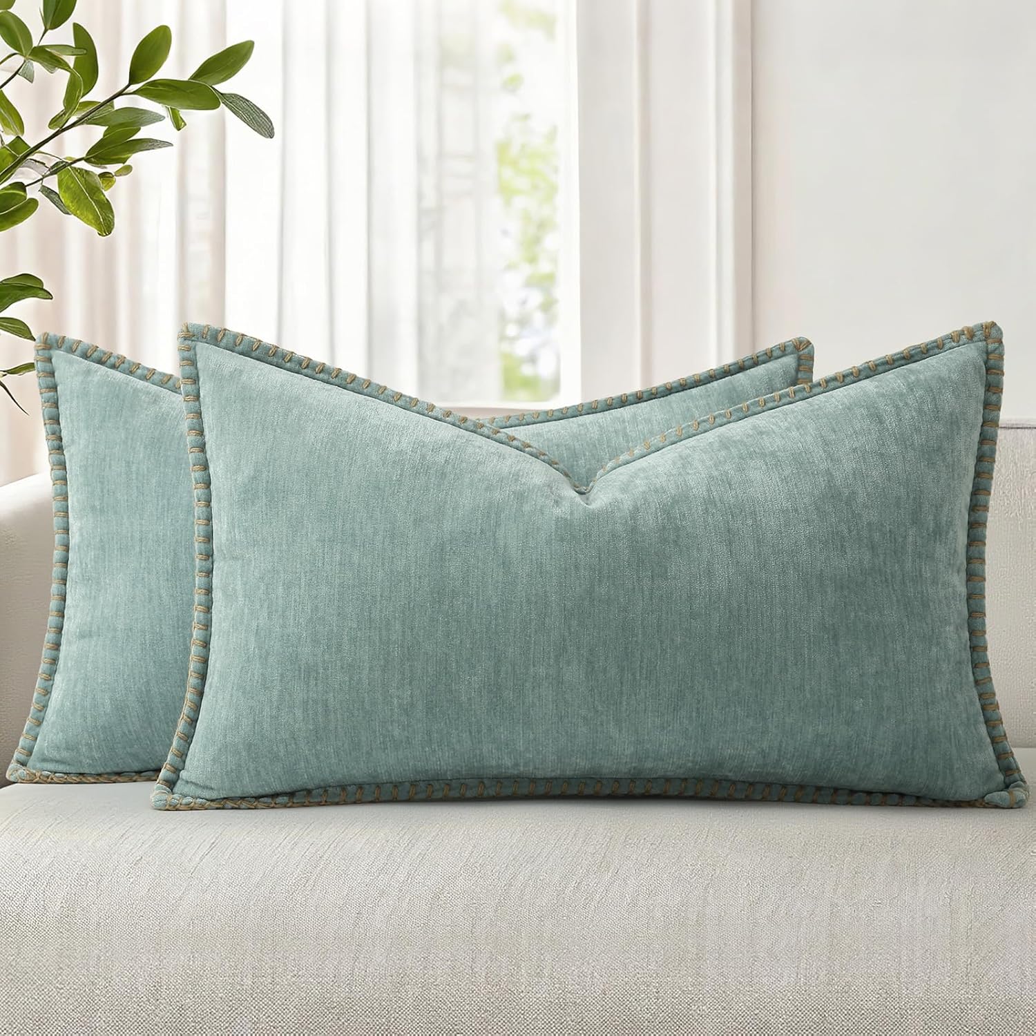 decorUhome Summer Chenille Soft Cozy Throw Pillow Covers 12x20 Set of 2, Modern Farmhouse Boho Velvet Decorative Pillow Cases with Stitched…