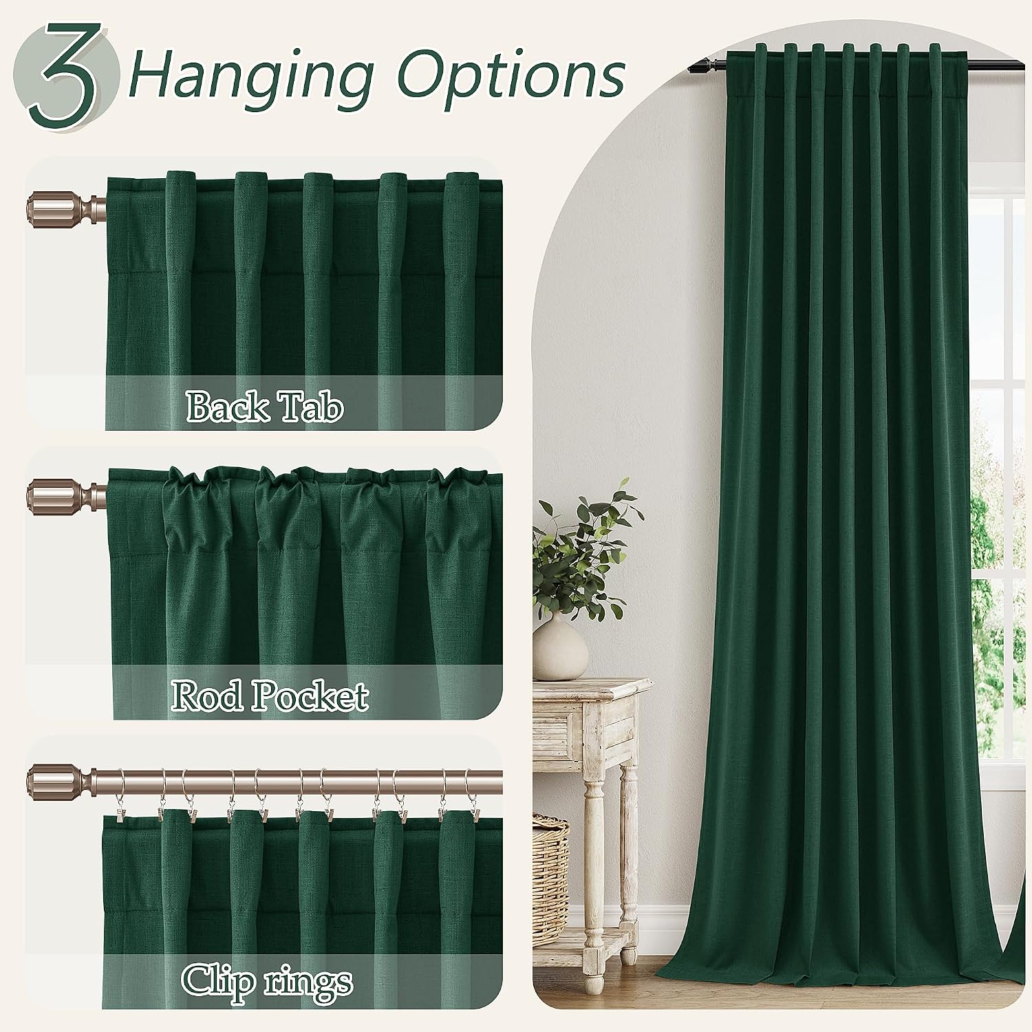 Guken Dark Green 100% Blackout Curtains 96 Inch Length 2 Panels Set for Living Room Bedroom Back Tab Thermal Insulated Black Out Linen Drap…