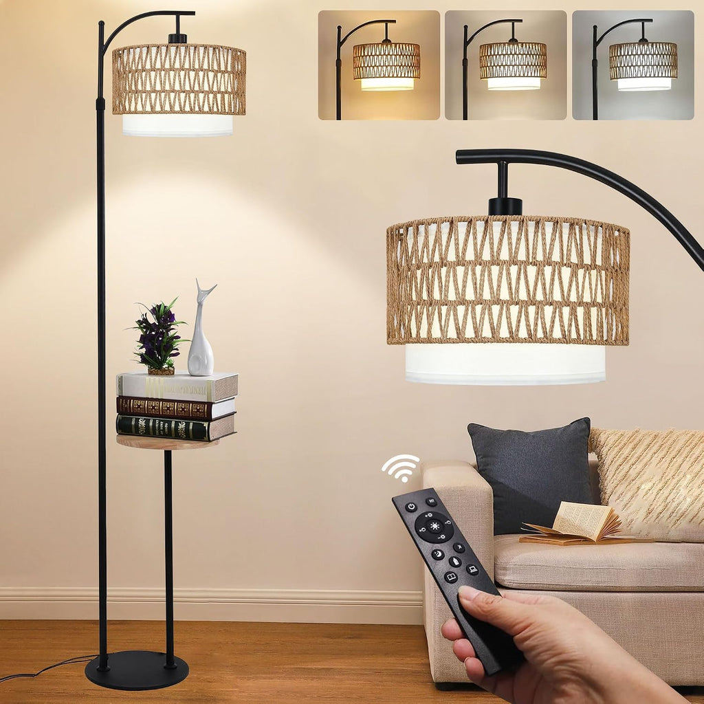 ZECOXOL Arc Floor Lamp with Table and Shelves, Rattan Boho Floor Lamp with Remote Control, Rustic Floor Lamps for Bedroom Wicker Standing…