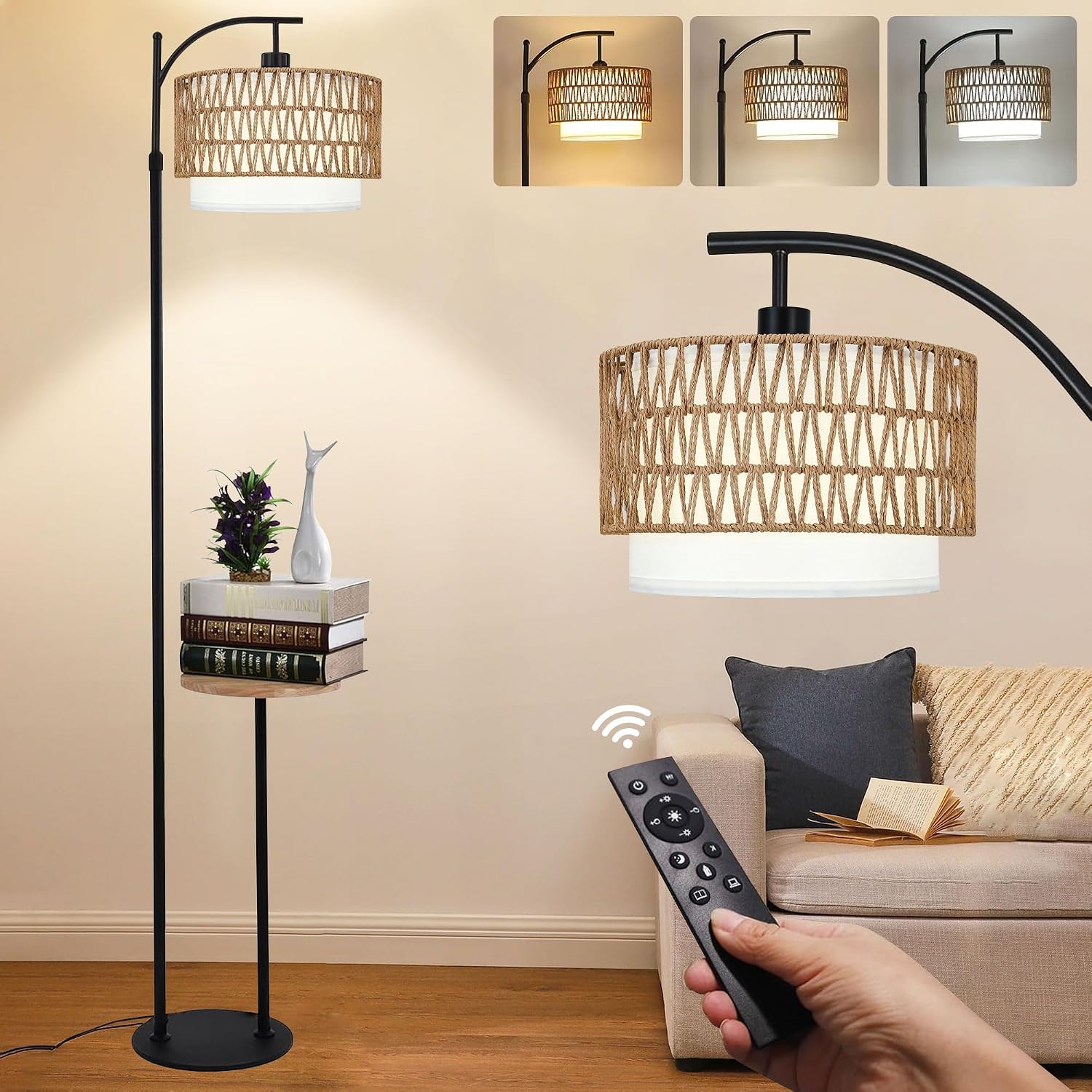 ZECOXOL Arc Floor Lamp with Table and Shelves, Rattan Boho Floor Lamp with Remote Control, Rustic Floor Lamps for Bedroom Wicker Standing…