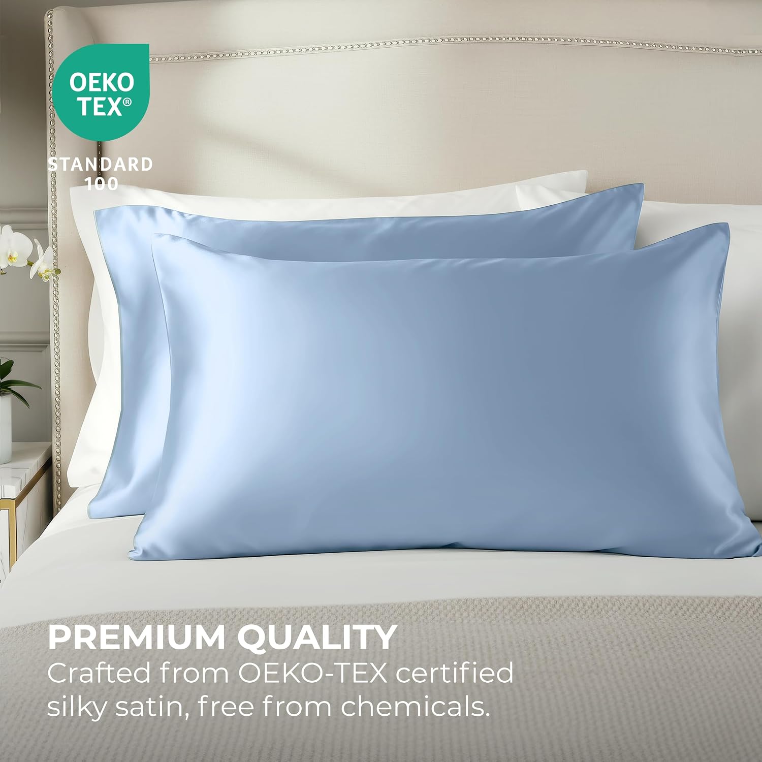 Pure Bedding Satin Pillowcase 2 Pack - Queen Size (20"x30", Baby Blue) - Silky Pillow Cases for Hair and Skin - Satin Pillow Covers with…