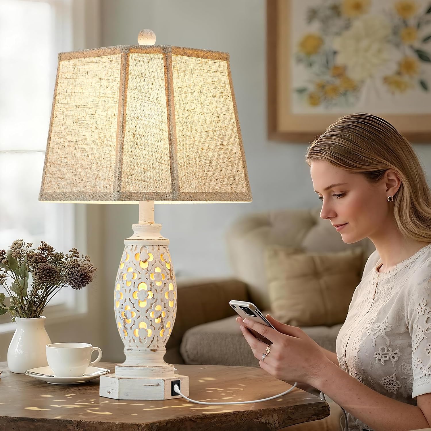 Lamps for Night Stands Set of 2-23.5" Bedside Lamp with USB A+C and Nightlight - Rustic Farmhouse Table Lamp for Bedrooms, End Tables…