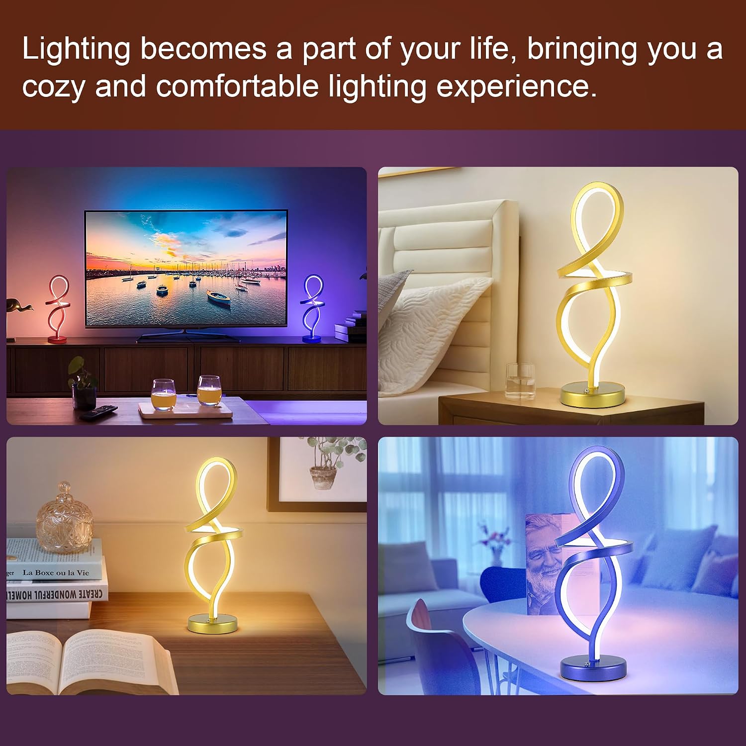 Mayful Modern RGB Table Lamp with 15W LED Unique Spiral Design, Gold Small Nightstand Lamp & Bedside Lamps, Touch Dimmable with 7 Colors…
