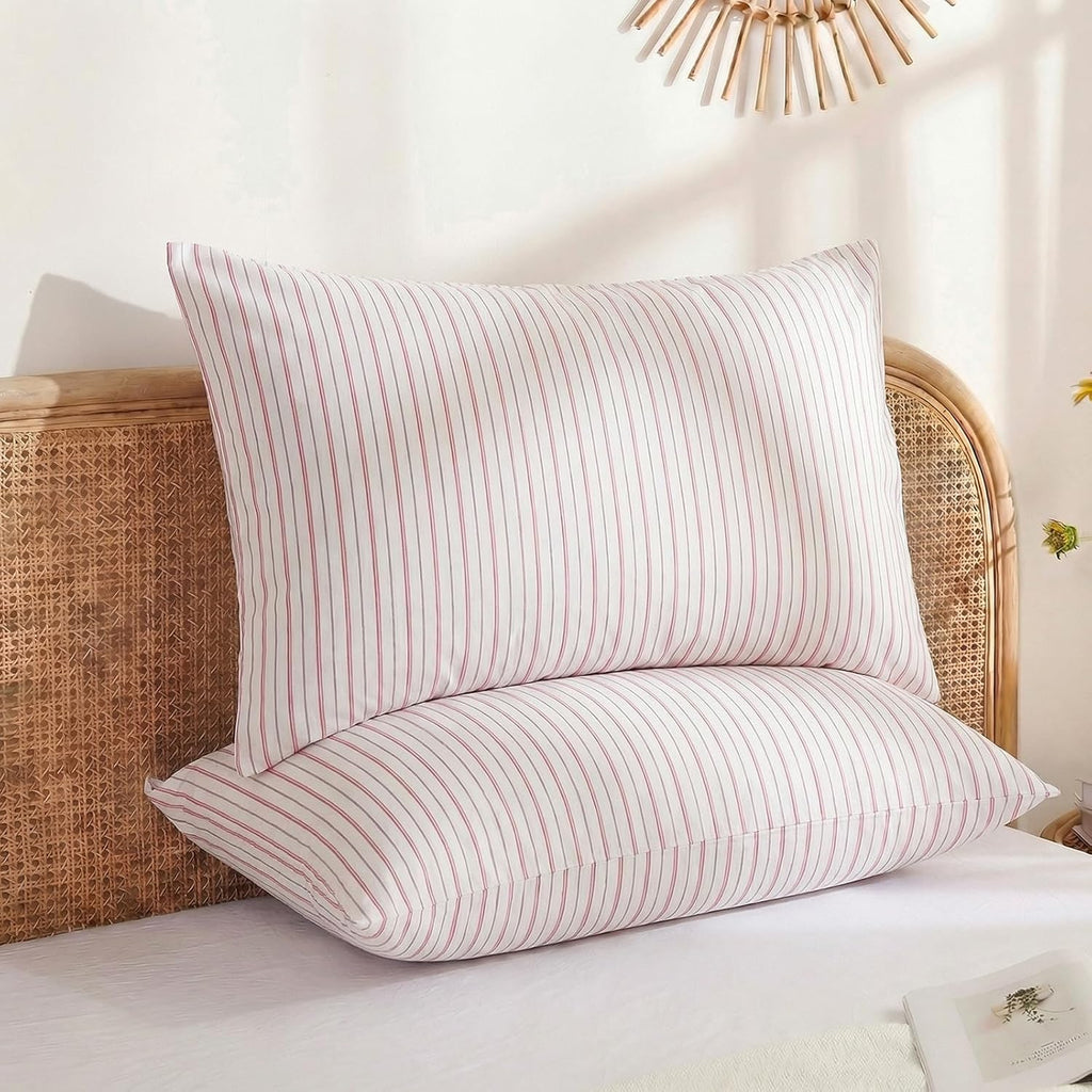 Merryword King Size Pillowcases, 100% Cotton Pillow Cases, White & Pink Striped Pillowcases, Soft Breathable Ticker Stripe Pillow Covers, S…