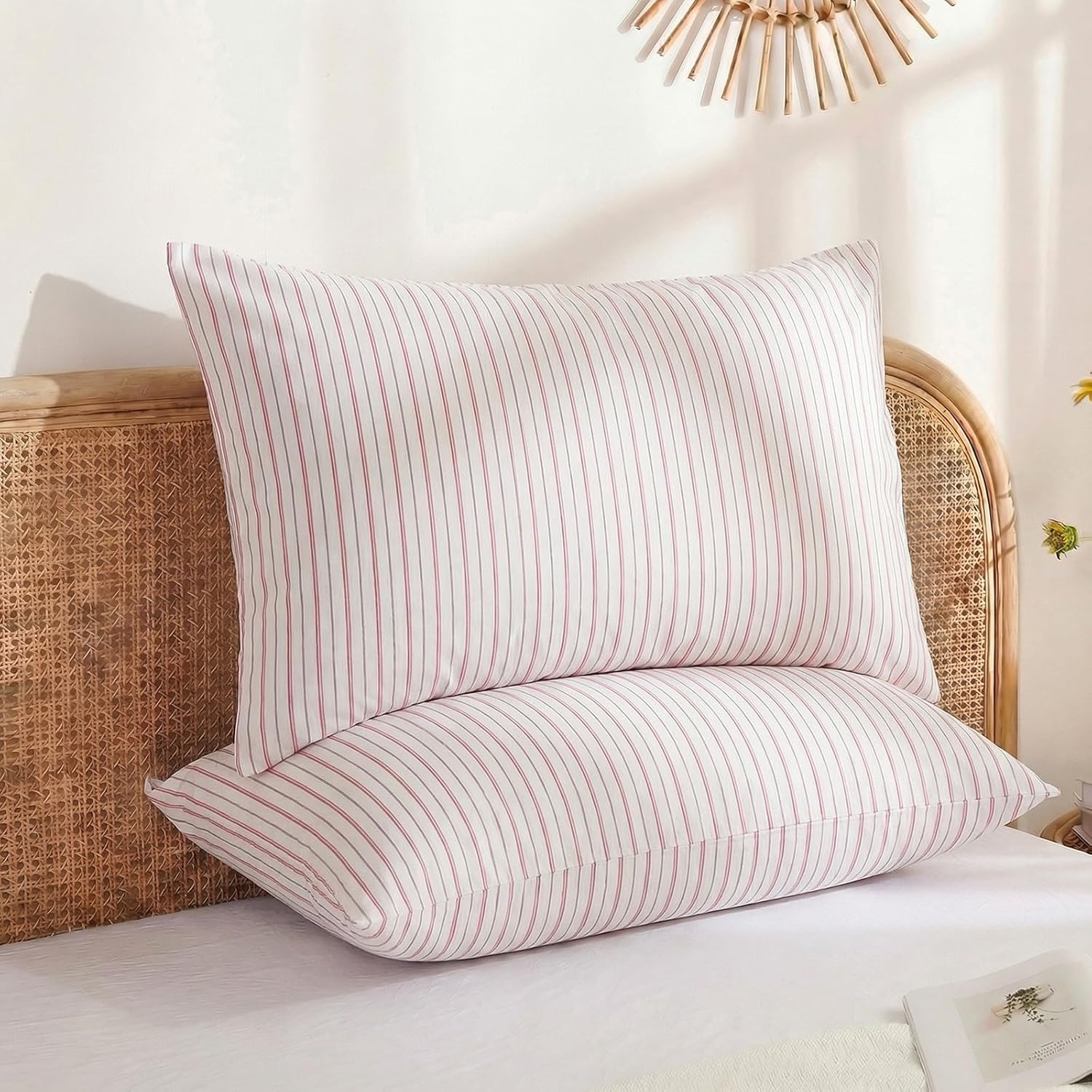 Merryword King Size Pillowcases, 100% Cotton Pillow Cases, White & Pink Striped Pillowcases, Soft Breathable Ticker Stripe Pillow Covers, S…