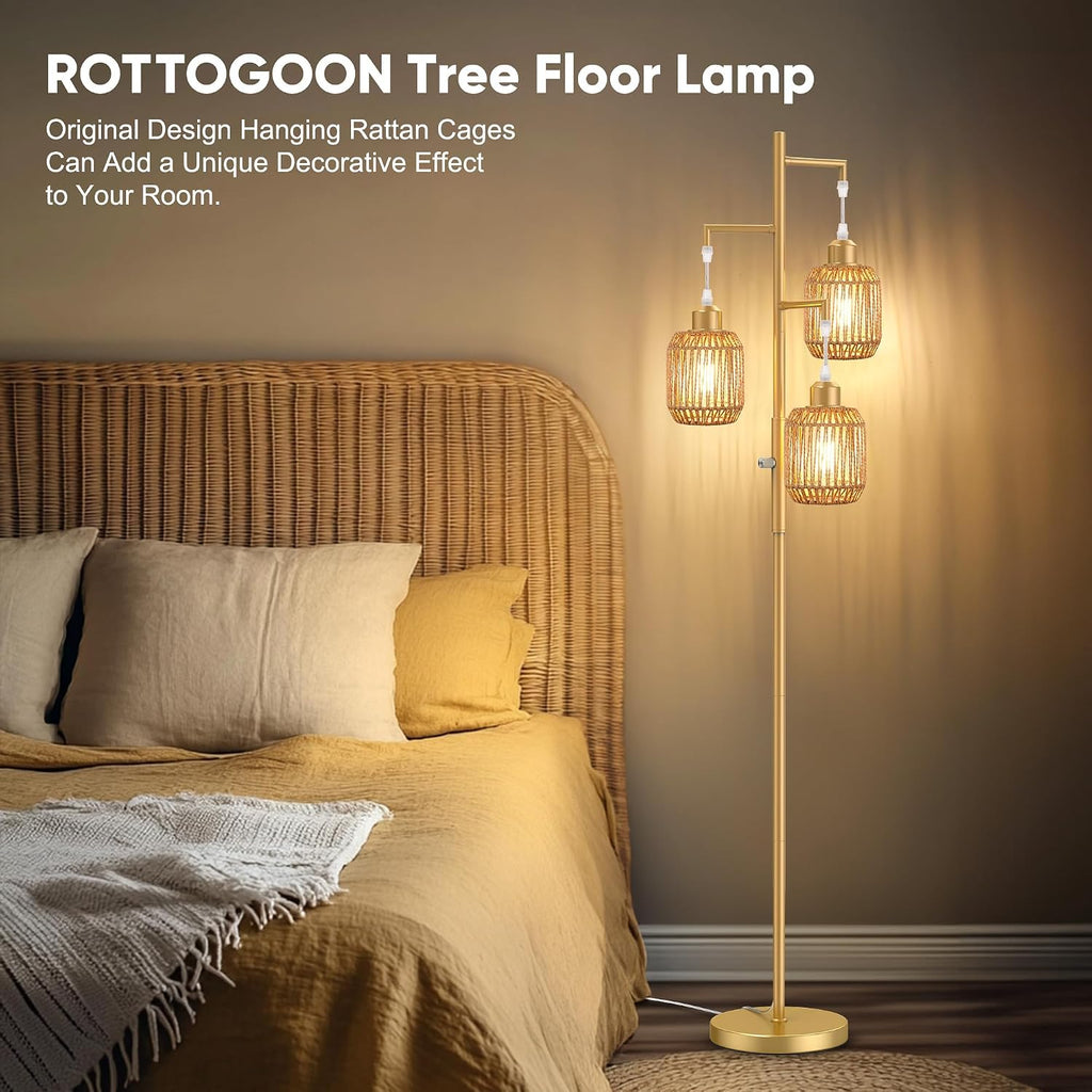 ROTTOGOON Dimmable Boho Floor Lamp - 3 Light Farmhouse Rattan Floor Lamp for Living Room, Industrial Tree Floor Lamps with 3 X 6W LED…