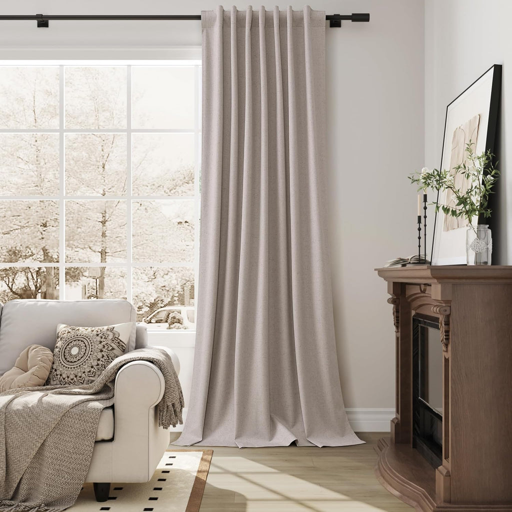 Guken Apricot Linen 100% Blackout Curtains for Bedroom 120 Inches Long 2 Panels Set Back Tab Elegant Textured Black Out Light Blocking Ther…