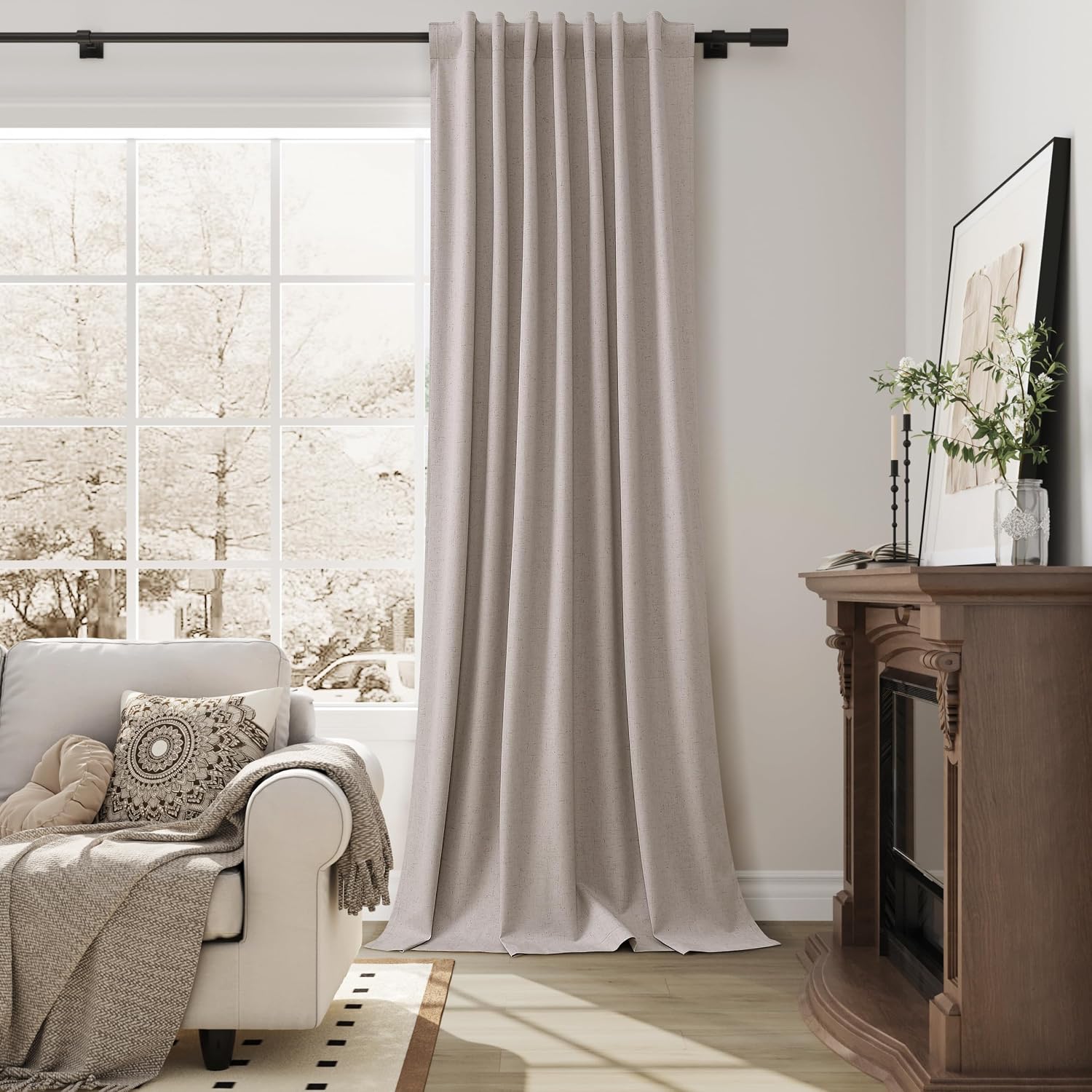 Guken Apricot Linen 100% Blackout Curtains for Bedroom 120 Inches Long 2 Panels Set Back Tab Elegant Textured Black Out Light Blocking Ther…