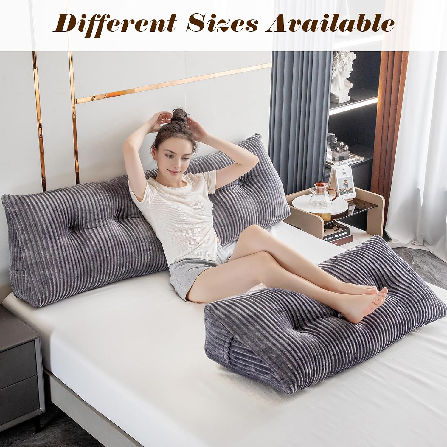 Large Triangular Headboard Wedge Bed Rest Reading Pillow Backrest Positioning Support Bolster Cushion with Removable Cover (Grey, King…