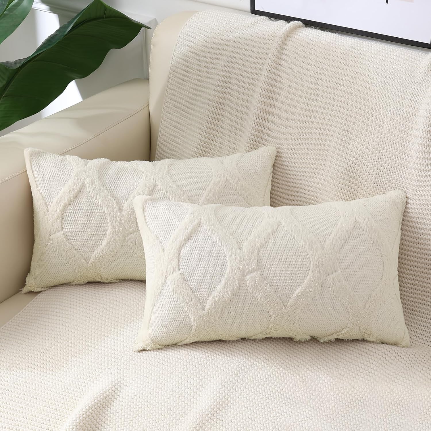 decorUhome Summer Throw Pillow Covers 12x20 Inch Set of 2, Soft Plush Faux Fur Wool Lumbar Beige Accent Couch Pillow Covers for Modern Farm…
