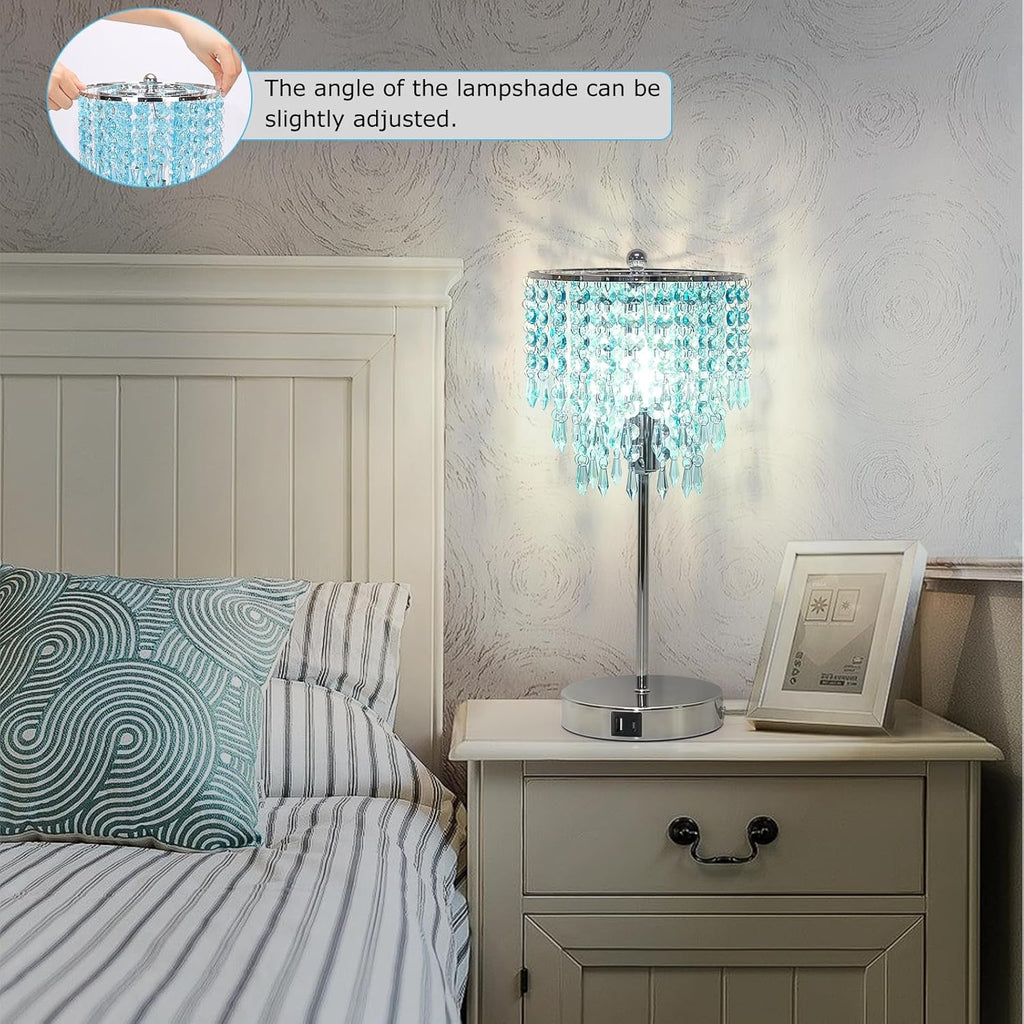 Touch Control Crystal Table Lamp, Dual USB Bedside Lamps for Bedroom, 3-Way Dimmable Nightstand Lamp with Elegant Teal Shade for Living…
