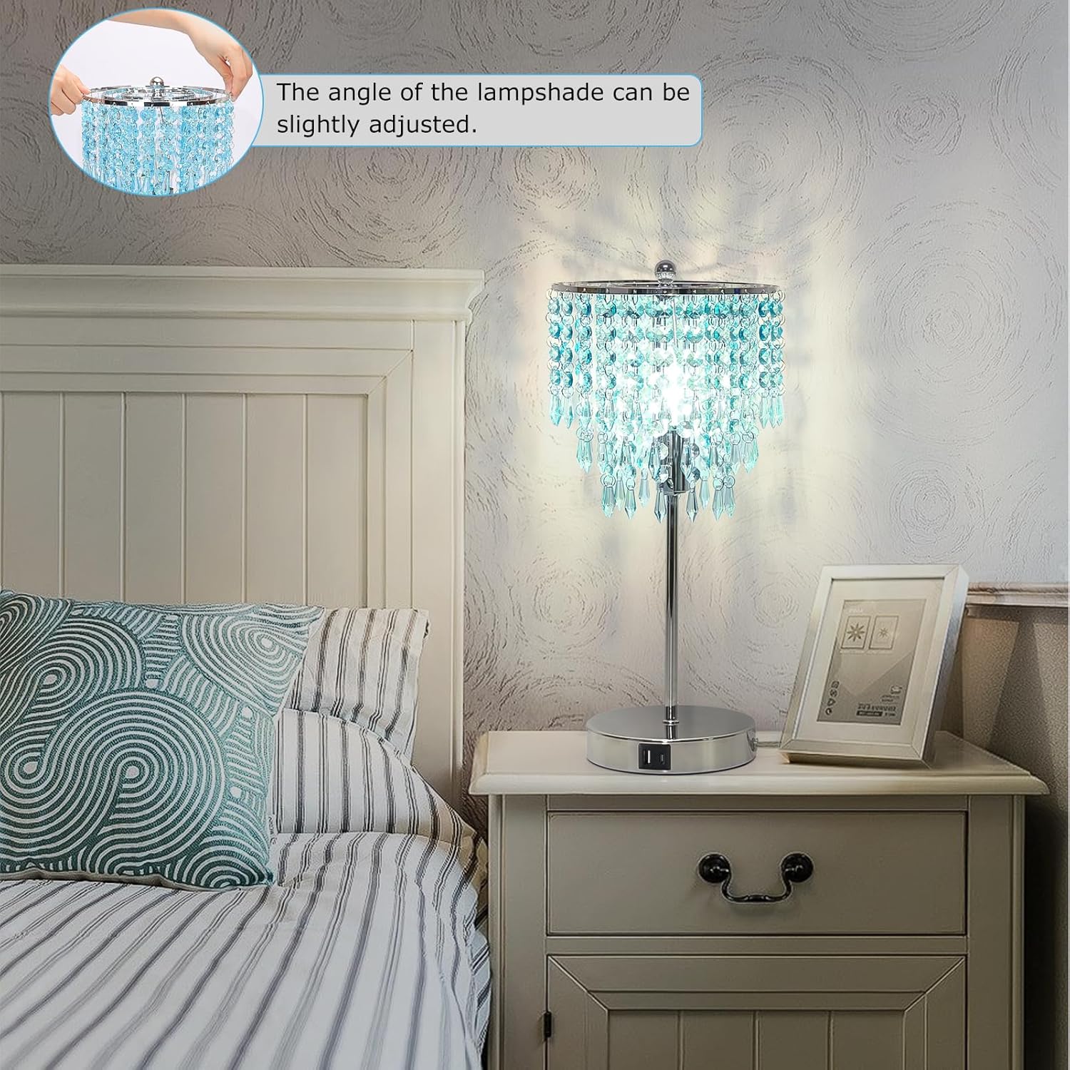 Touch Control Crystal Table Lamp, Dual USB Bedside Lamps for Bedroom, 3-Way Dimmable Nightstand Lamp with Elegant Teal Shade for Living…