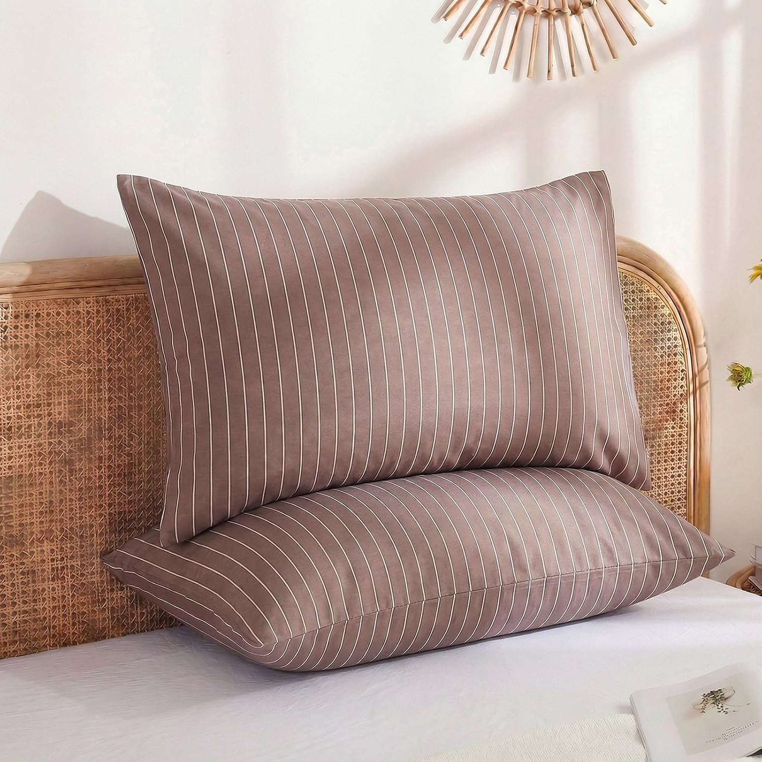 Merryword Brown Striped Pillowcases, 100% Cotton Pillow Cases, Standard Size Pillowcases, Luxury Linen Like Pillowcase, Soft Breathable Pin…