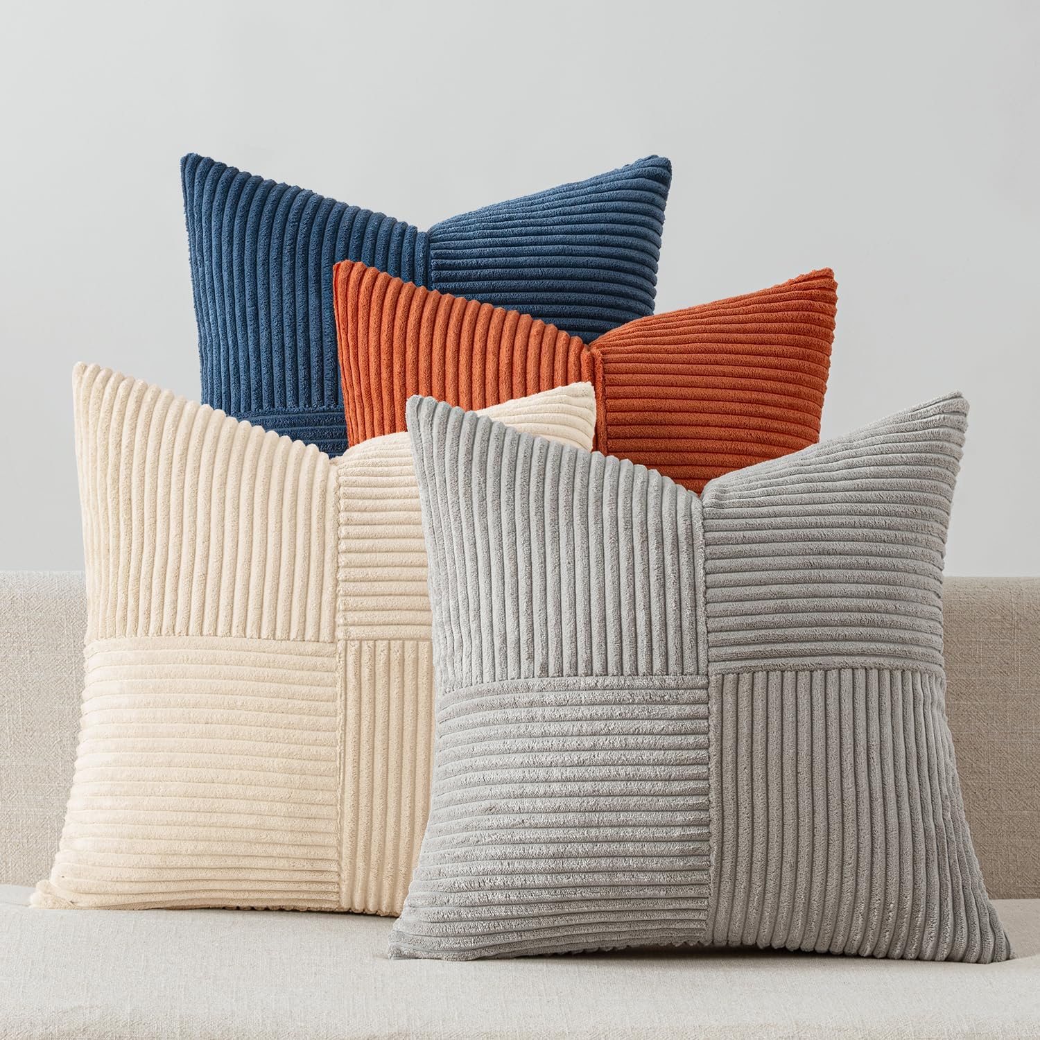 Miulee Blue Rust Throw Pillow Covers 18x18 Inch Set of 4 Boho Farmhouse Cushion Cases Soft Corduroy Nordic Corduroy Pillow Cases Patchwork…