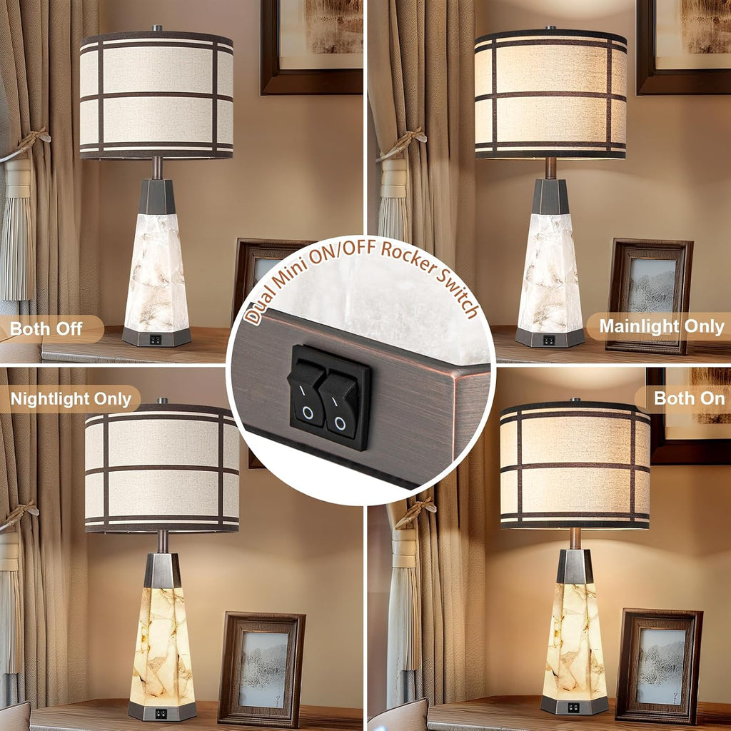 KIVDITZO 27" Alabaster Table Lamps for Living Room, Bedroom Lamps Set of 2 with Night Light, Living Room Lamps with USB A+C Ports, Table…