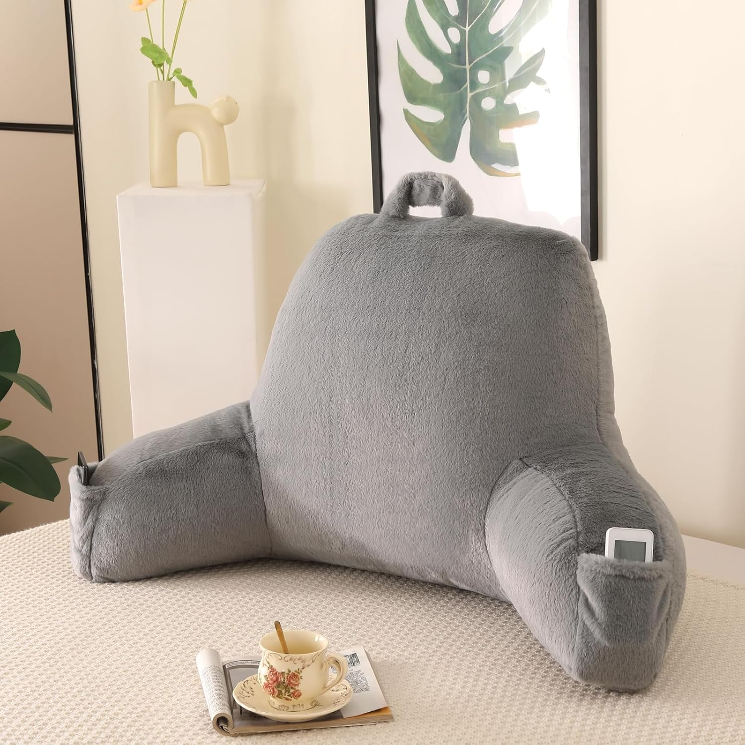Pajeo Aesthetic Reading Pillow for Bed, Soft Faux Fur Sitting Pillow with Arms for Gaming & Lounging, Oeko-TEX Certified Plush Backrest Pillo…