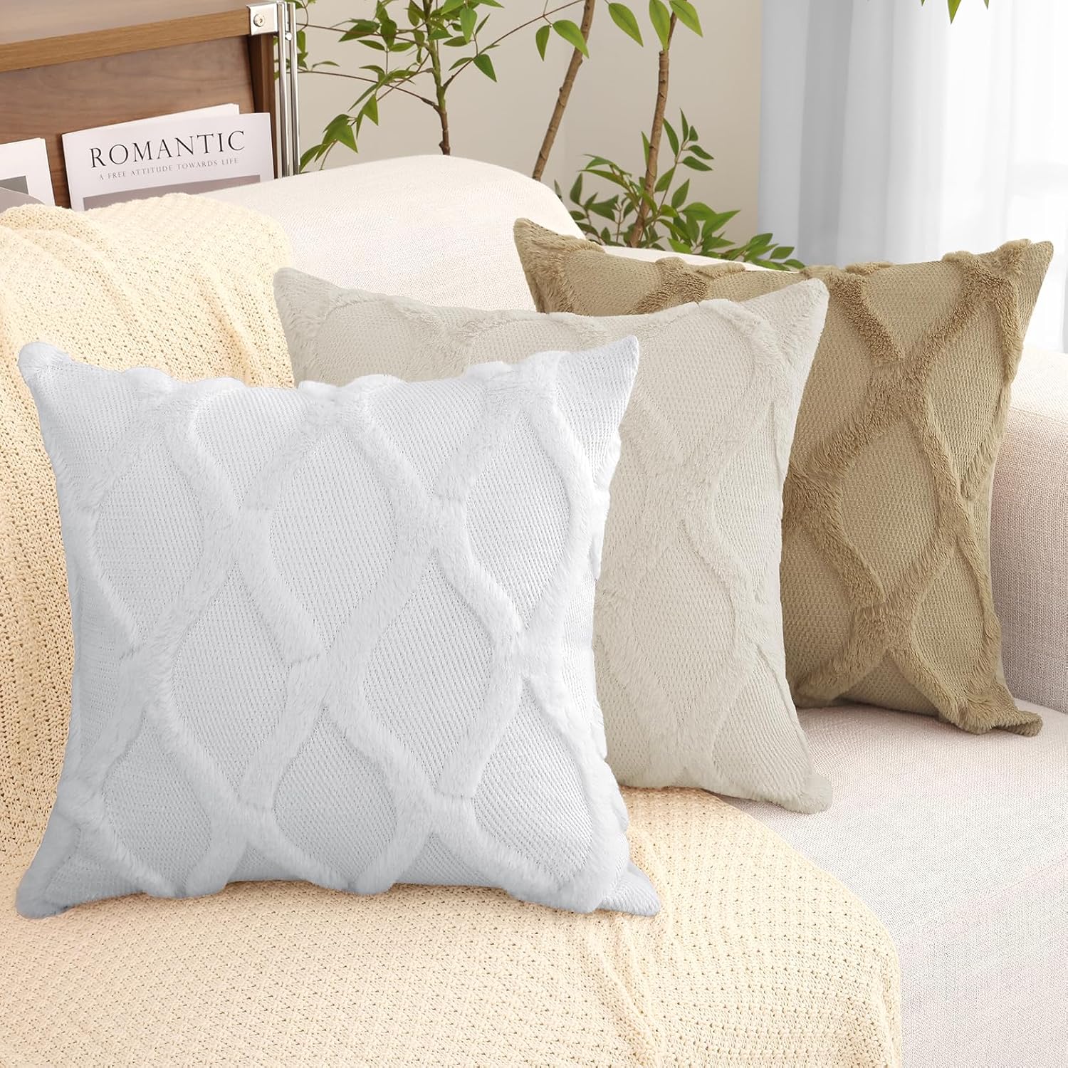 decorUhome Summer Throw Pillow Covers 20x20 Inch Set of 2, Soft Plush Faux Fur Wool Khaki Accent Couch Pillow Covers for Modern Farmhouse B…