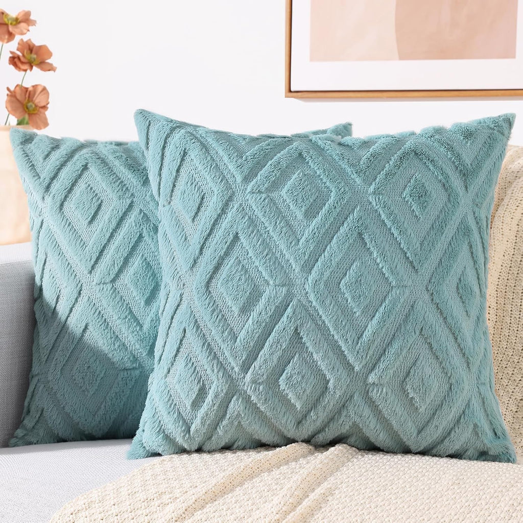 decorUhome Summer Couch Throw Pillow Covers 18x18 Set of 2, Decorative Soft Plush Faux Fur Wool Accent Pillow Covers for Modern Farmhouse B…