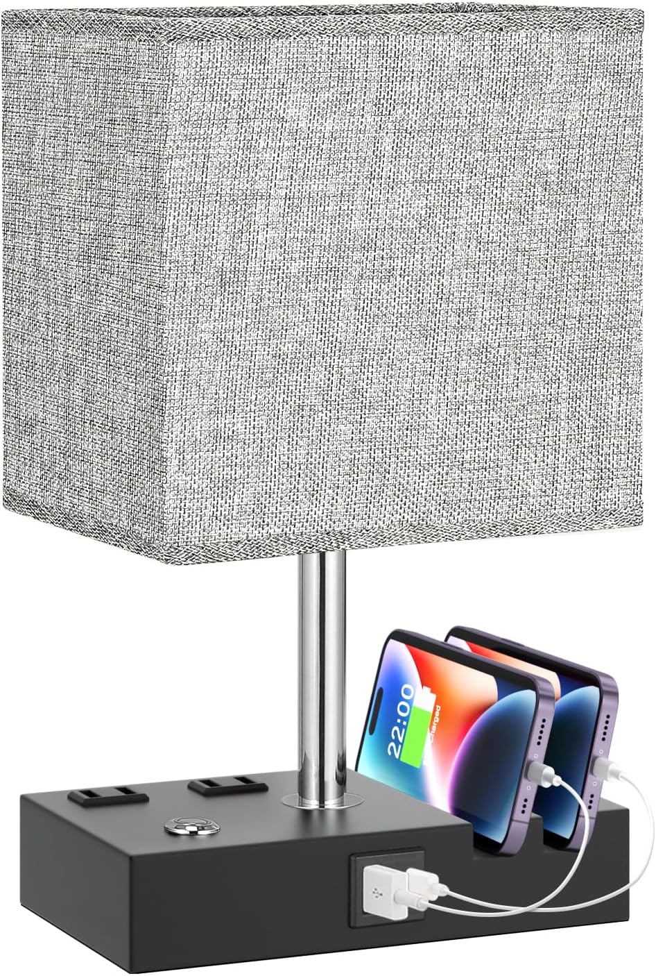 Kakanuo Nightstand Lamp for Bedroom with Dual USB Ports, Grey Touch Control Bedside Table Lamp with Charging Outlets and Phone Stands…