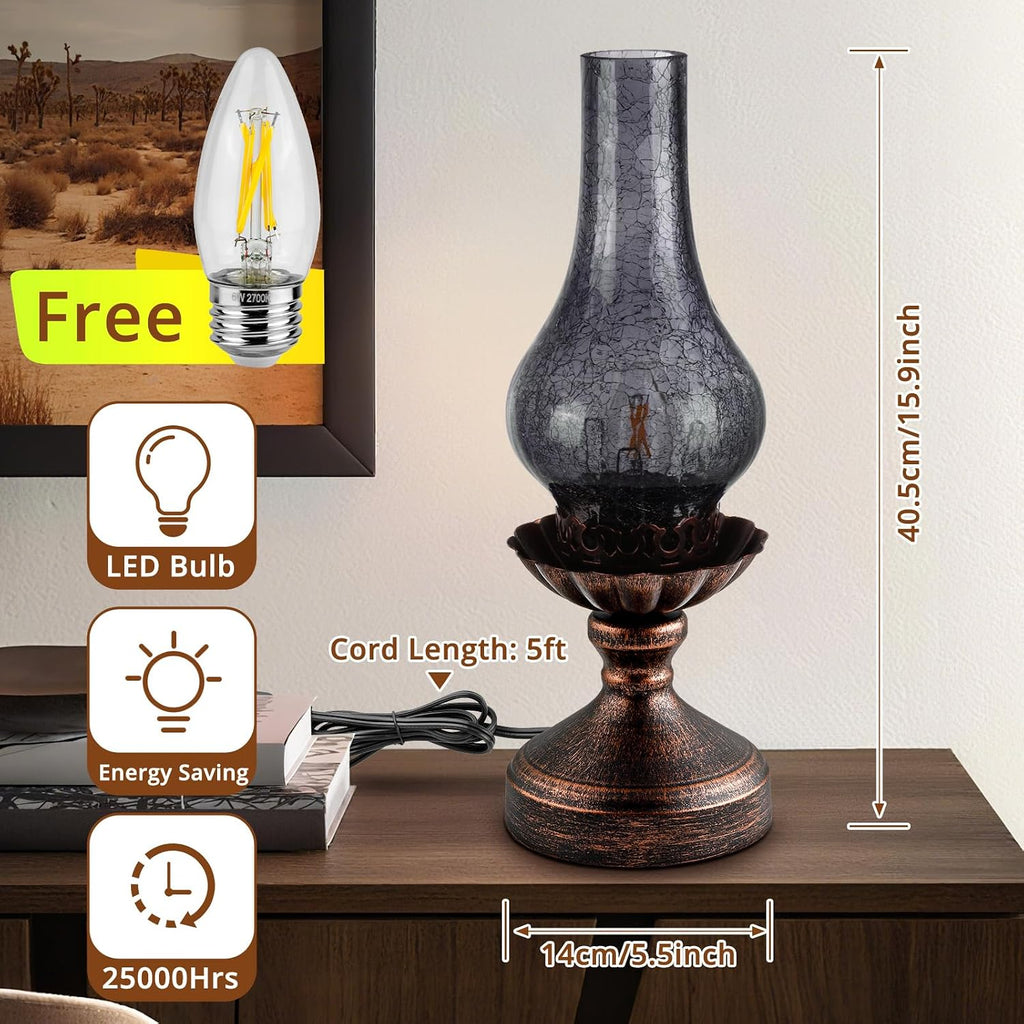 Vintage Table Lamp with Smoke Grey Crackle Glass Shade, Touch Control & 3-Way Dimmable Rustic Retro Farmhouse Bedside Lamp for Bedroom…