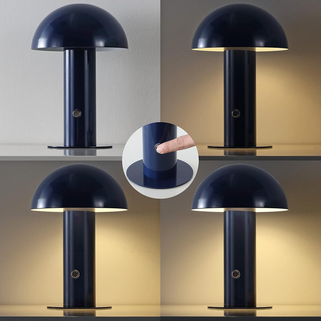 JONATHAN Y 10.75" Navy Rechargeable LED Mushroom Table Lamp, Cordless Portable Bedside Lamp for Living Room Bedroom, 3-Way Dimmable…
