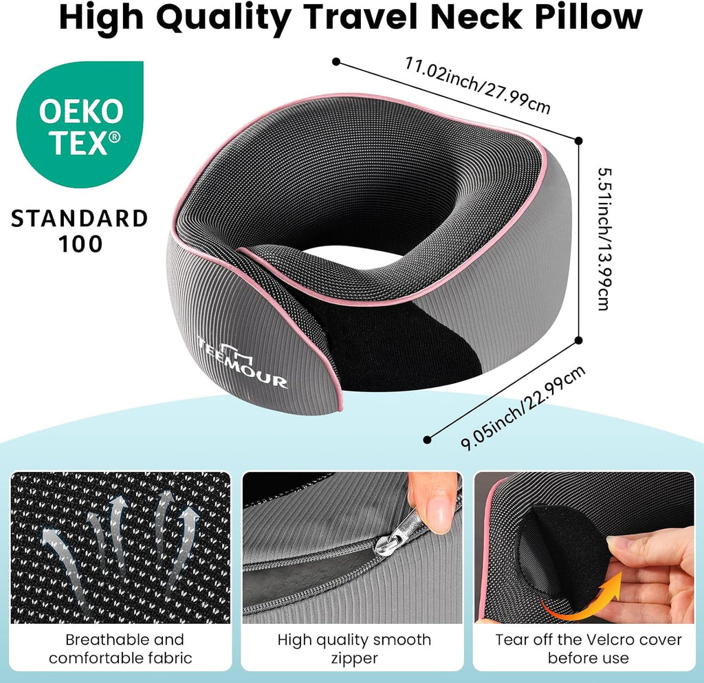 Teemour Travel Neck Pillow Airplane- Upgraded Memory Foam Neck Pillow for Airplanes 360° Support Desing, with Eye Mask & Earplugs…