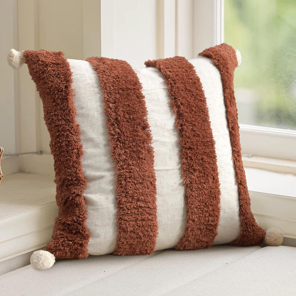 Loopuinhom Boho Pillow Covers 18X18 Inch Boho Tufted Linen Throw Pillow Covers Decorative Pompoms Cushion Cover Farmhouse Pillow Case for C…