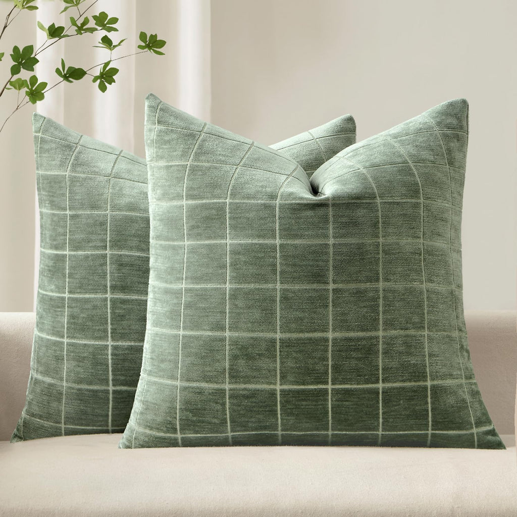 Miulee Decorative Chenille Check Throw Pillow Covers Vintage Plaid Couch Pillows 18x18 Inch Set of 2 Neutral Boho Farmhouse Cushion Covers…