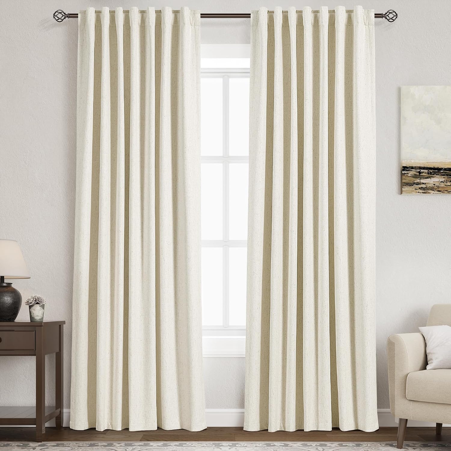 Nanspring Warm Beige 100% Blackout Linen Curtains 84 Inch Length 2 Panels Set for Bedroom Back Tab Modern Farmhouse Decor Black Out Curtain…