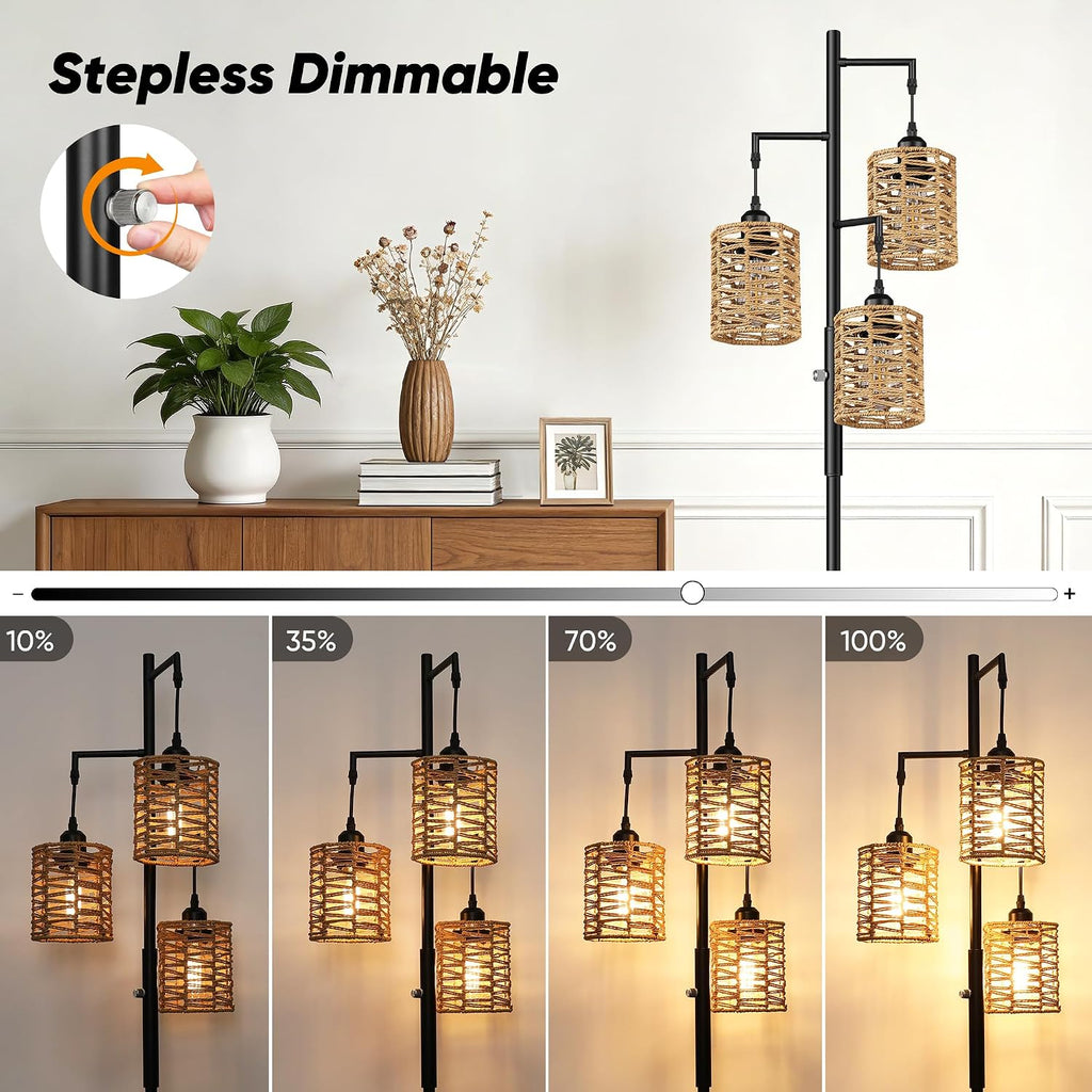 ROTTOGOON Dimmable Rattan Floor Lamp, 3 x 800LM LED Bulbs Included, Boho Tree Standing Lamps with 3 Hand-Woven Octagonal Lantern Shades…