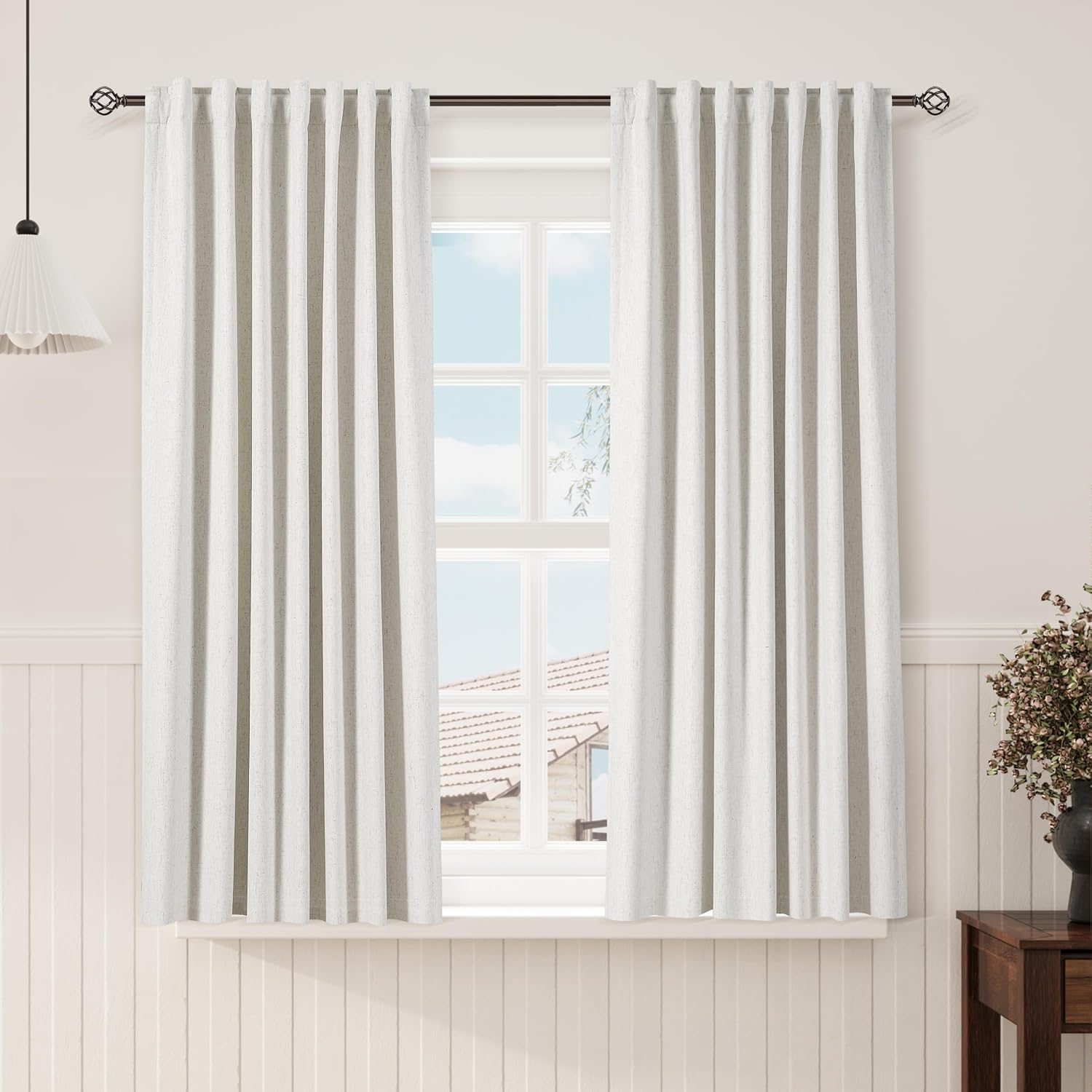 Nanspring 100% Blackout Linen Curtains 63 Inch Length for Bedroom Back Tab Cream Black Out Curtain for Living Room Dining Room Thermal Insu…