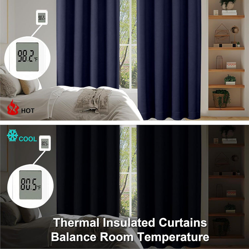 Simplebrand Ava Navy Blue Blackout Curtains for Bedroom 63 Inch Length 2 Panels, Solid Thermal Insulated Energy Saving Rod Pocket Window Tr…
