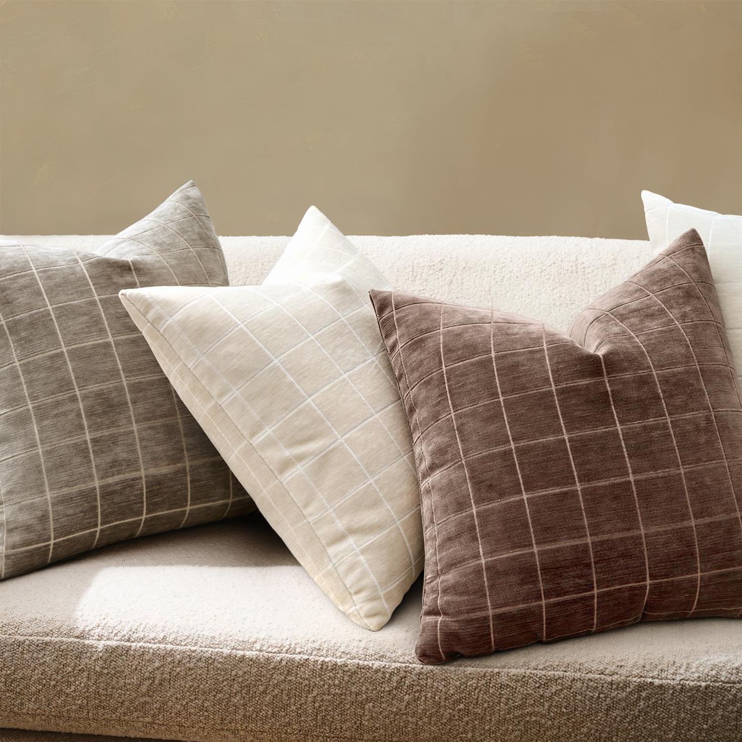 Miulee Decorative Chenille Check Throw Pillow Covers Vintage Plaid Couch Pillows 20x20 Inch Set of 2 Neutral Boho Farmhouse Cushion Covers…