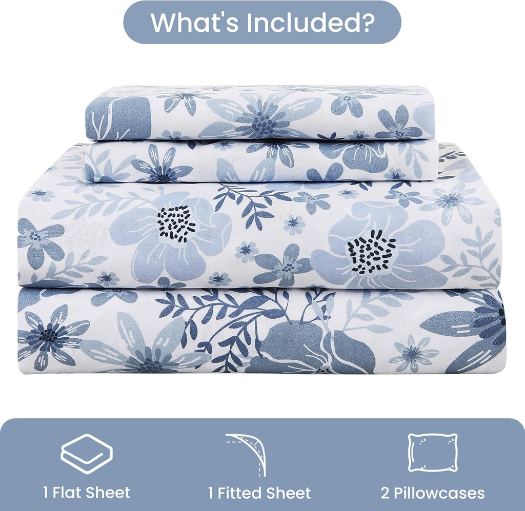 mooreeke Full Size Sheets Set - 4 Piece Soft Breathable Microfiber Bed Sheet Set - Blue & White Flower Pattern Sheet Set Full - Deep Pocket…