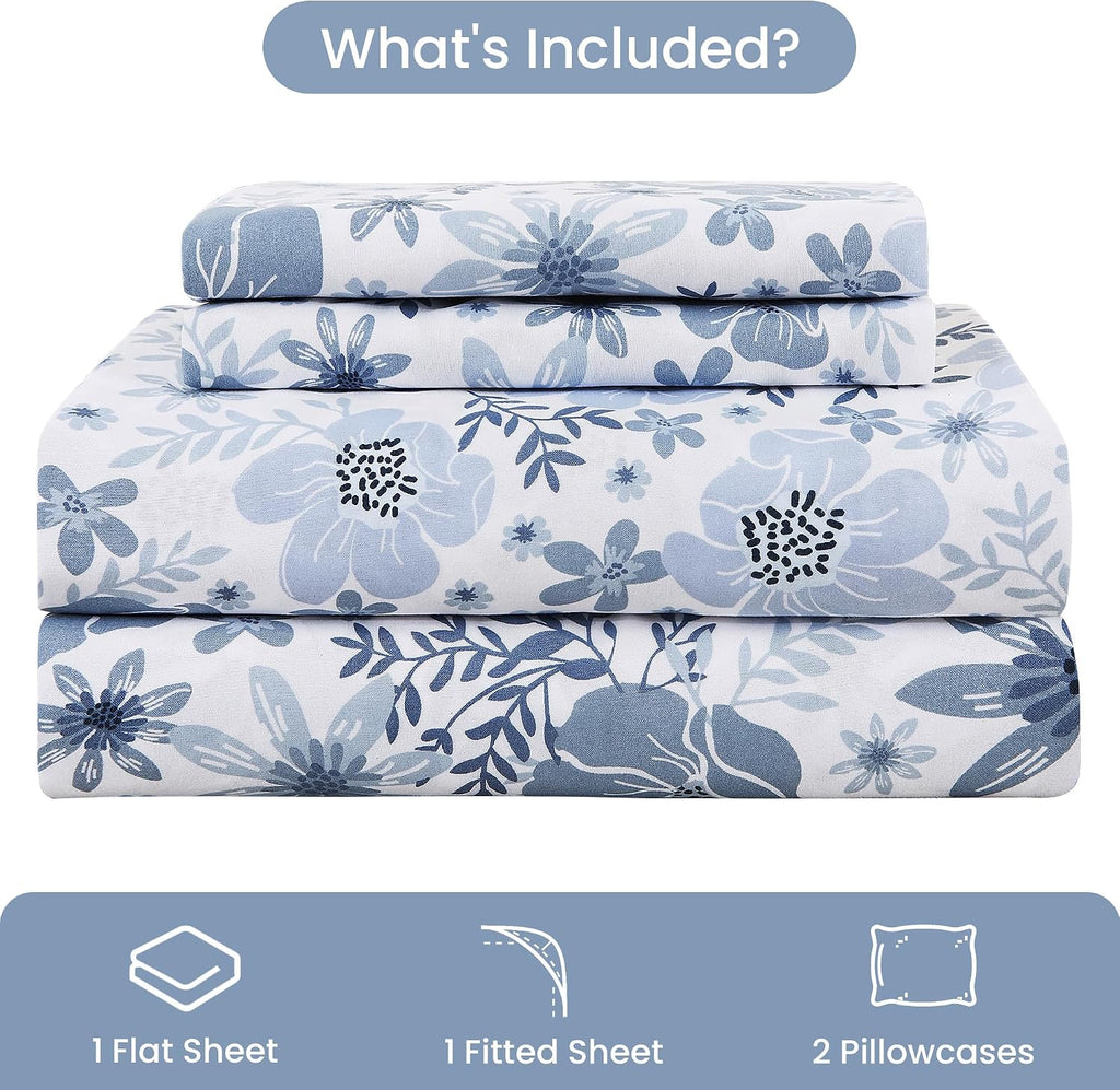 mooreeke King Size Sheets Set - 4 Piece Soft Breathable Microfiber Bed Sheet Set - Blue & White Flower Pattern Sheet Set King - Deep Pocket…