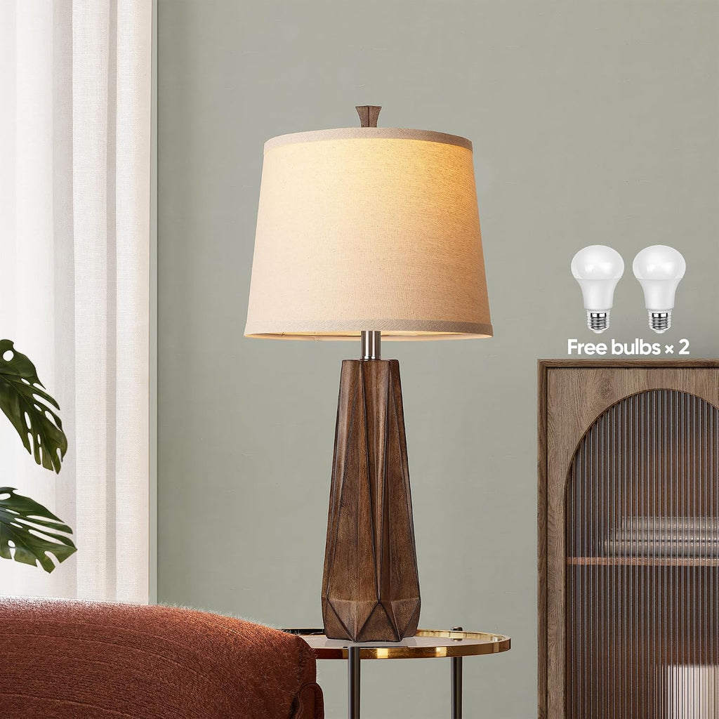 WIHTU 3 Color Temperature Table Lamps Set of 2, Beside Lamp with Linen Shade, 27'' Wood Grain Color Modern Table Lamp for Living Room…