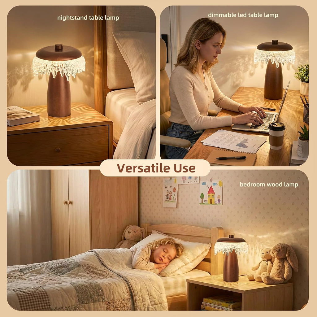 Wood LED Table Lamp,3 Color Temperature Table Lamps,12W Modern Table Lamp Plug-in Bedside Lamp for Bedroom, Nightstand, Living Room