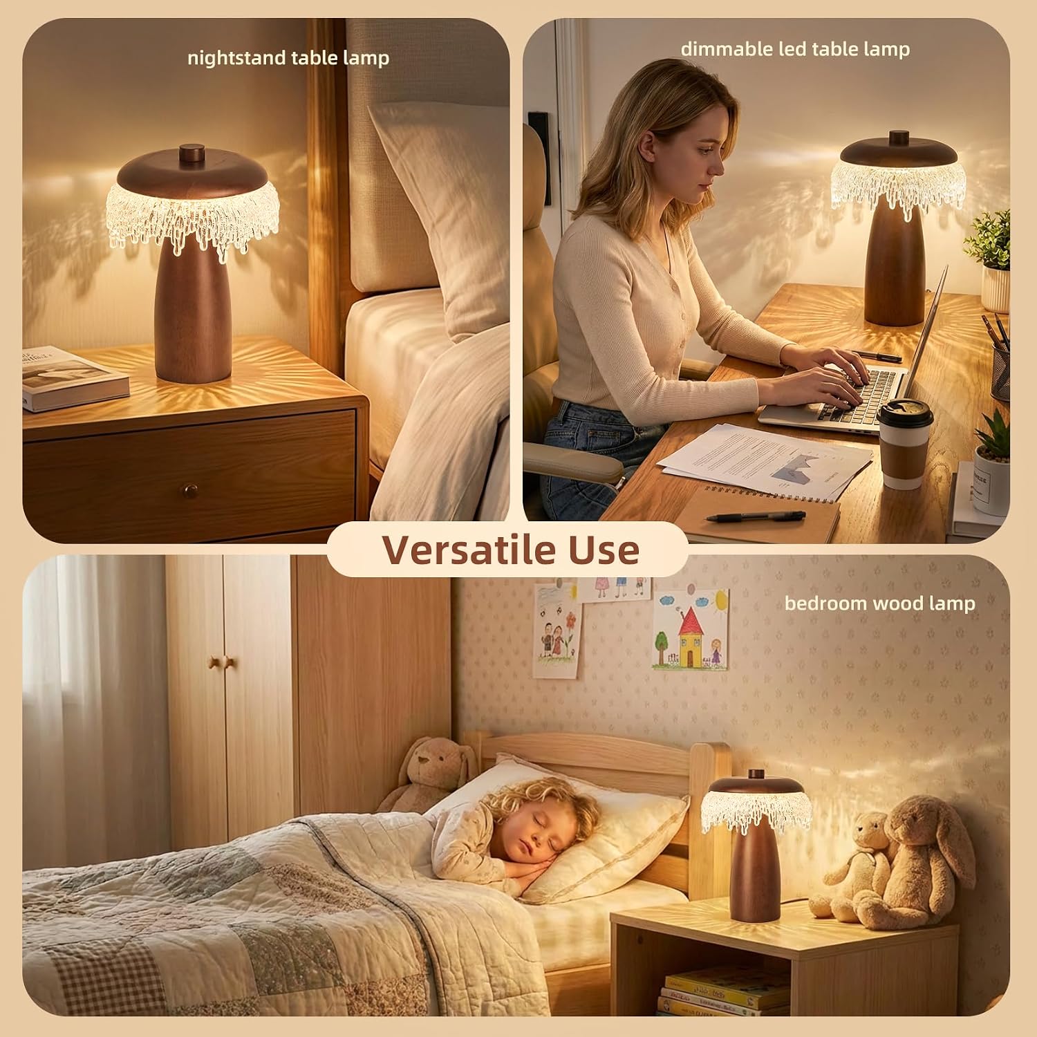 Wood LED Table Lamp,3 Color Temperature Table Lamps,12W Modern Table Lamp Plug-in Bedside Lamp for Bedroom, Nightstand, Living Room