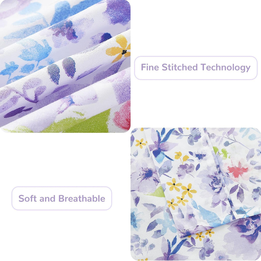 mooreeke Floral Queen Sheets, Soft Breathable Microfiber Vintage Printed Bed Sheet Set, Deep Pocket Non-Slip Fitted Sheet Included, Purple…