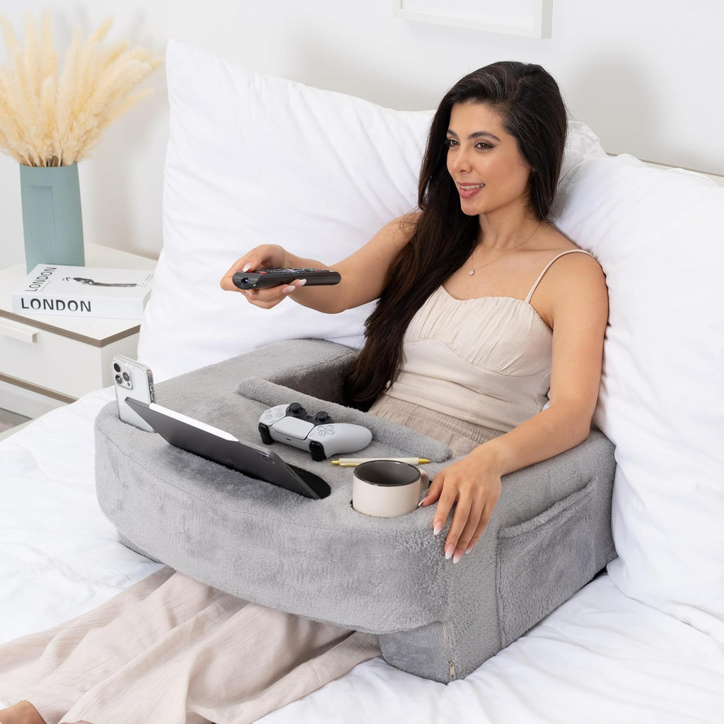 Reading Pillow for Gaming – Extra Large Lap Desk & Arm Rest with Cup & Phone Holder, Adjustable Heights, Laptop Support, Large Pockets –…