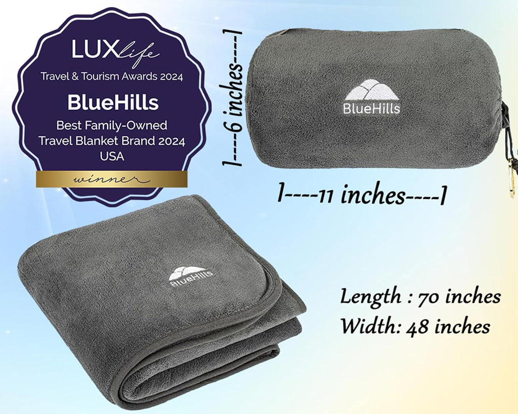 BlueHills Travel Blanket Pillow Rolled Premium Soft Plush Airplane Throw Traveling Essentials Compact in a Bag 70 X 48 inches for Long…