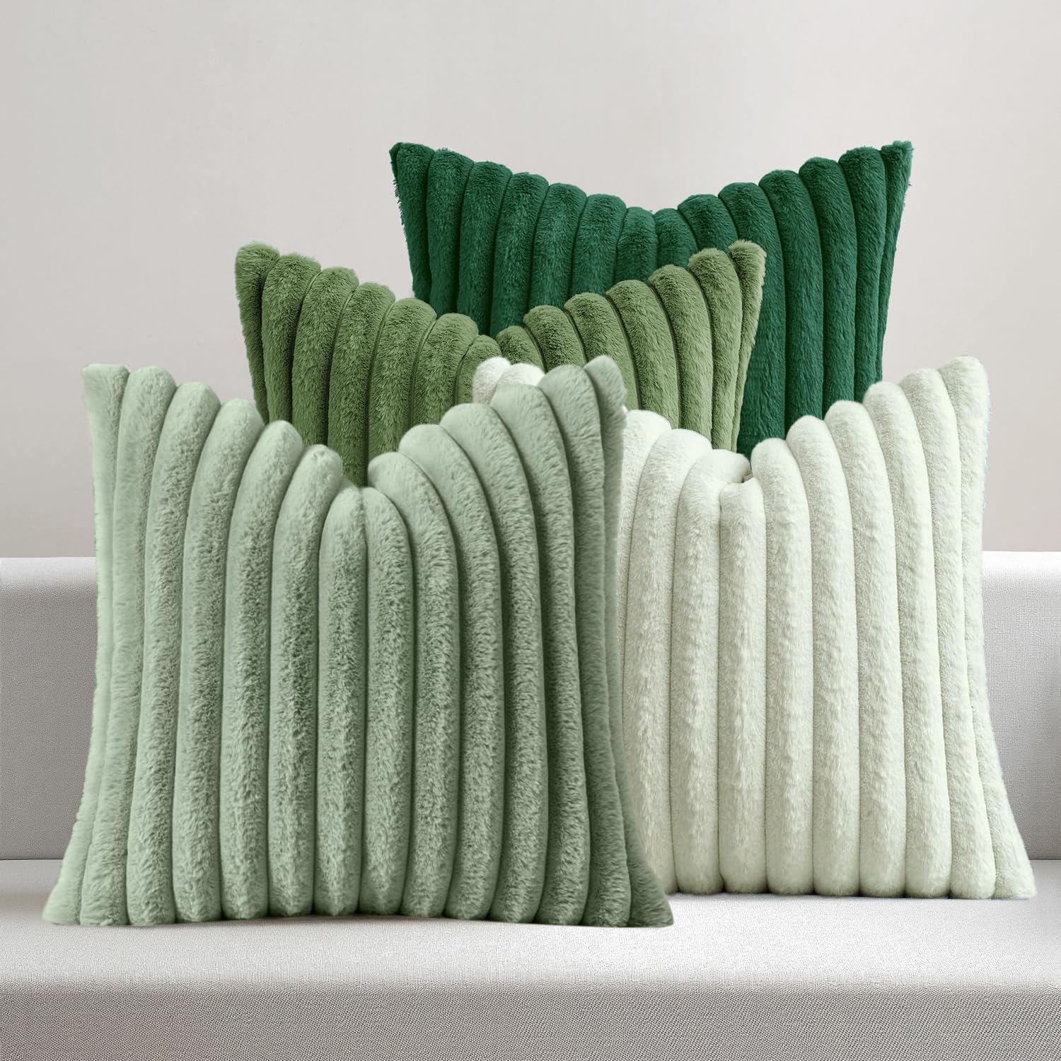 Miulee Faux Fur Plush Decorative Throw Pillow Covers 18x18 Set of 4, Spring Modern Soft Fuzzy Striped Cushion Covers for Sofa Couch Bed Liv…