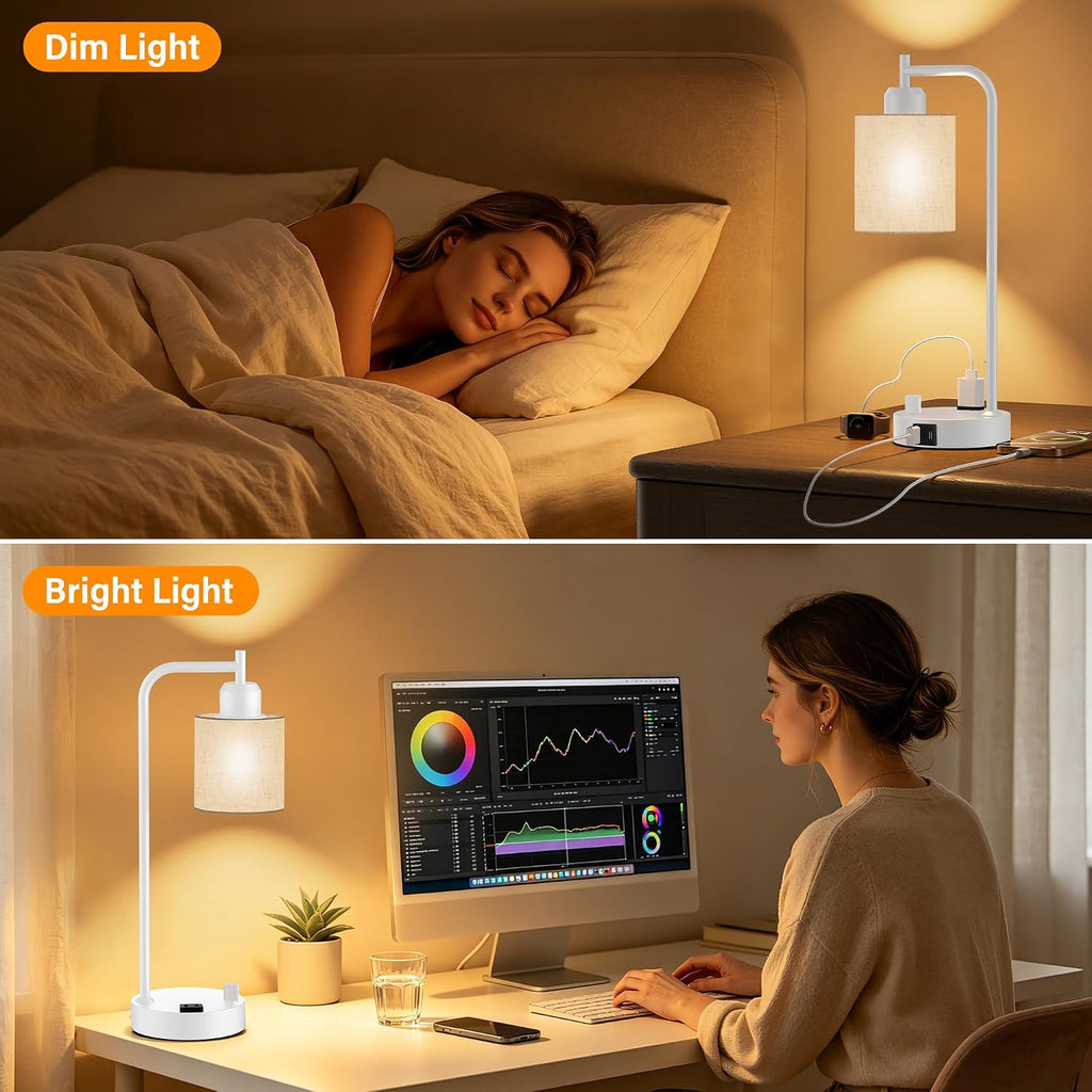 SIBRILLE Industrial Table Lamps with Linen Shade, Set of 2 Fully Dimmable Bedside Lamps with USB A+C Ports and Outlet, White Nightstand…