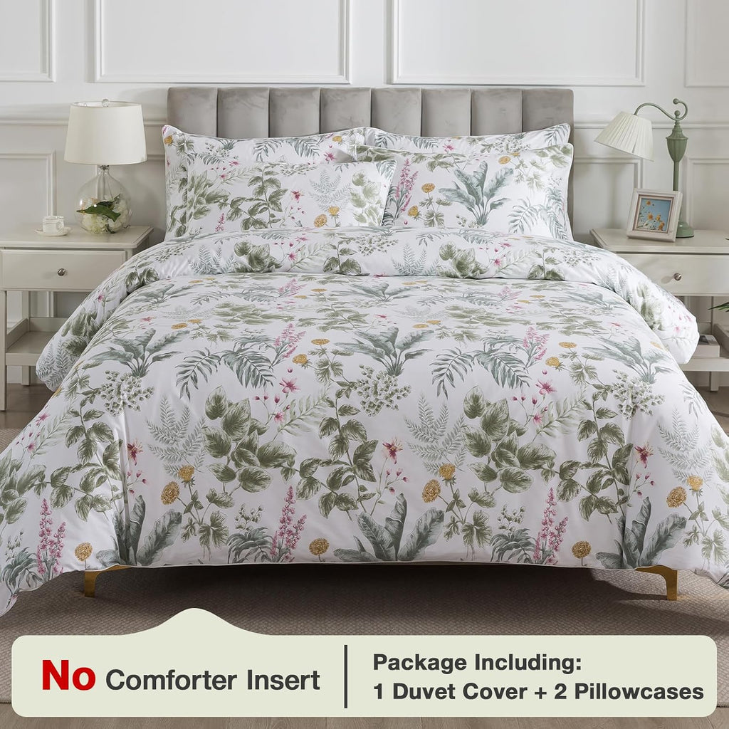 Puralens Tropical Pink Floral Percale Duvet Cover, King Green Palm Leaf Reversible Zipper Duvet Cover Set, Daisy Patterned 100% Cotton Soft…