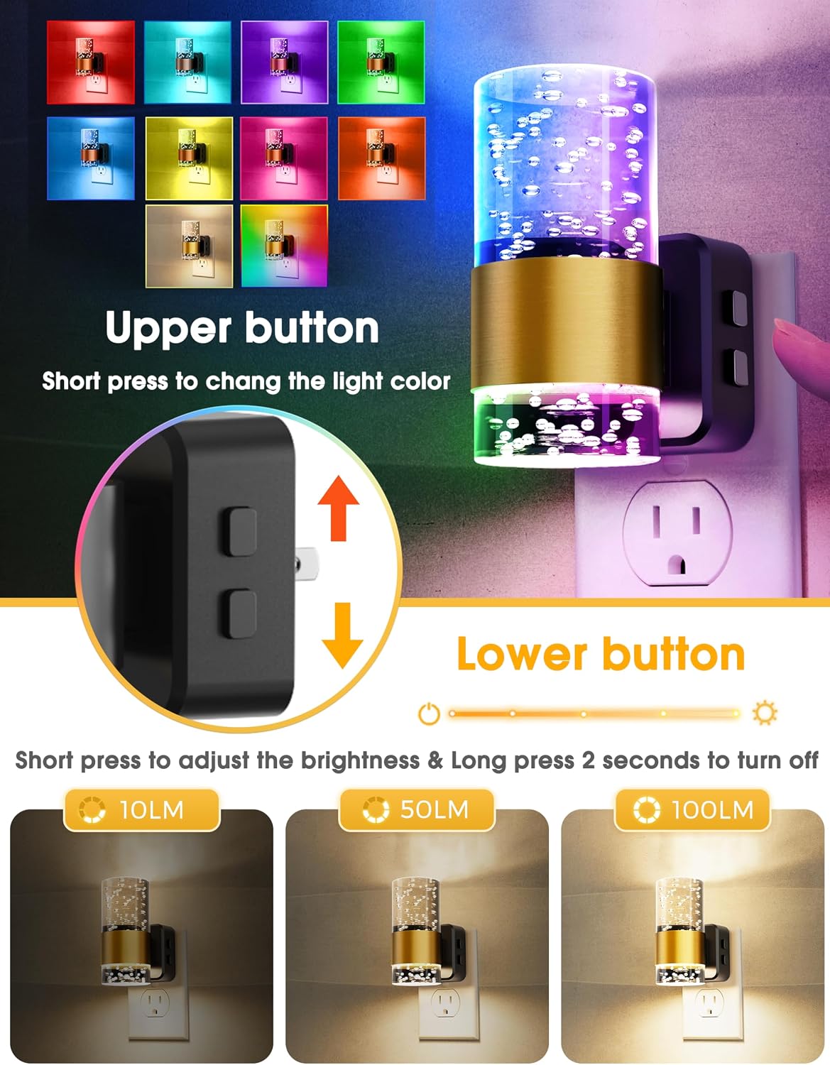 Night Lights Plug into wall, Color Changing Night Light with Rotatable Plug, Dusk to Dawn Light Sensor and Adjustable Brightness, Elegant…