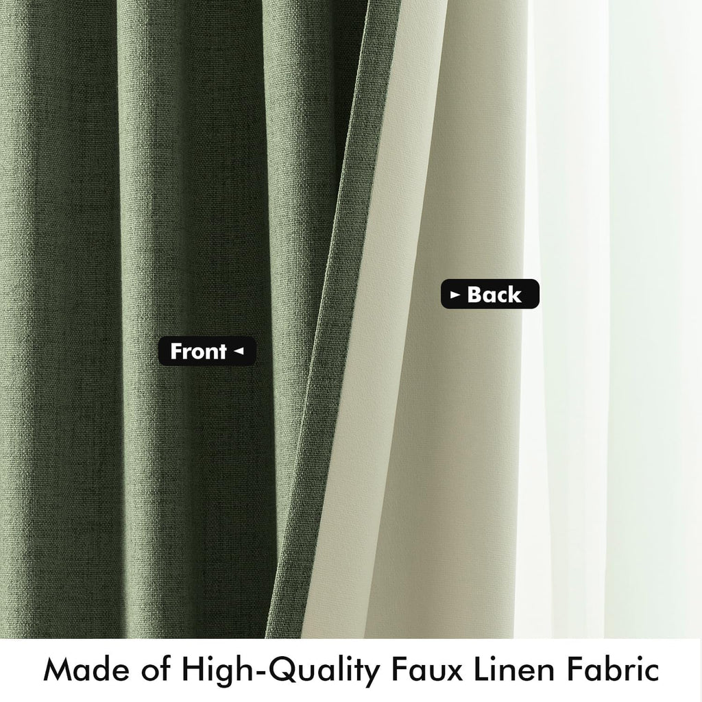 Miulee 100% Blackout Linen Curtains for Bedroom, Olive Green Solid Luxury Decor Thermal Insulation Room Darkening Drapes for Living Room Nu…