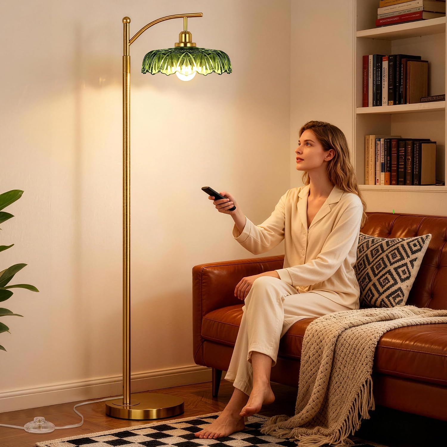 Gold Floor Lamp for Living Room, Dimmable Mid Century Modern Standing Lamp with Remote Control and Green Glass Shade, 68" Tall Lamp for…